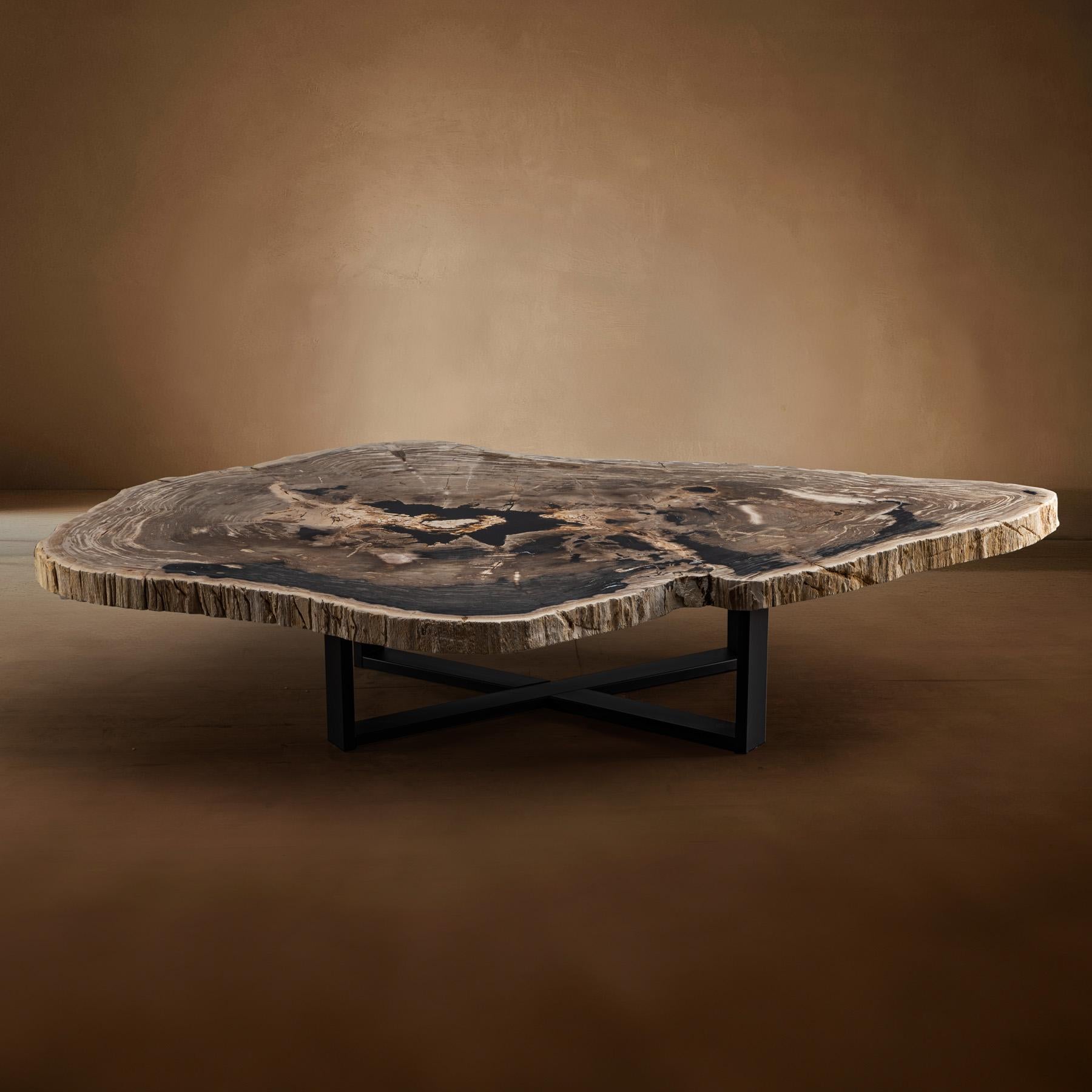 Cette table centrale exquise est un véritable chef-d'œuvre, originaire d'Indonésie, avec une plaque de bois datant de 20 millions d'années, à l'ère du Miocène. La dalle présente son bord naturel d'origine, ce qui ajoute une touche unique et
