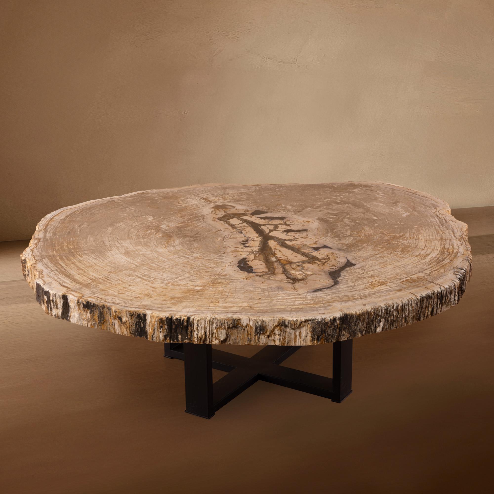 Cette table centrale exquise est un véritable chef-d'œuvre, originaire d'Indonésie, avec une dalle de bois datant de 20 millions d'années, à l'ère du Miocène. La dalle présente son bord naturel d'origine, ce qui ajoute une touche unique et organique