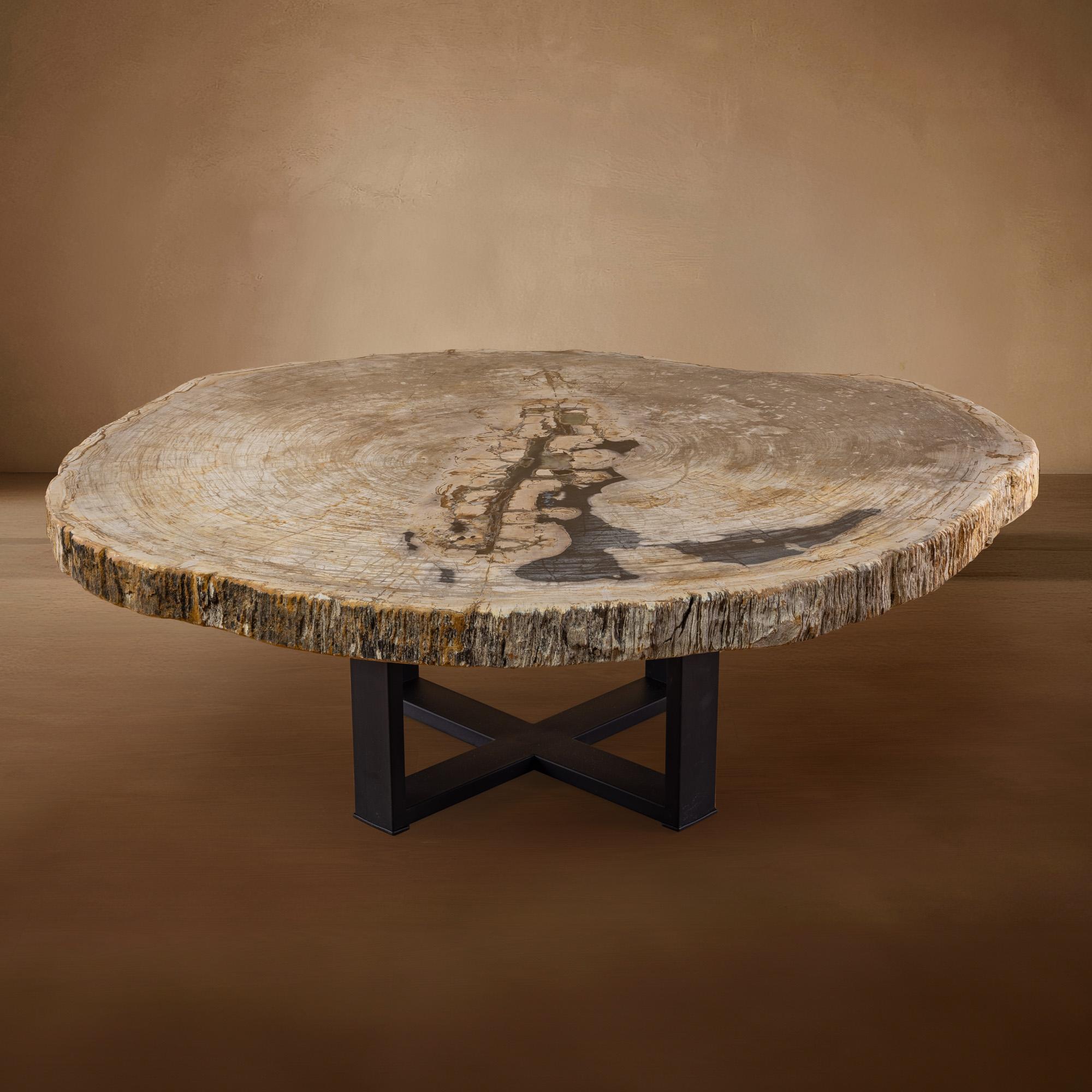 Cette table centrale exquise est un véritable chef-d'œuvre, originaire d'Indonésie, avec une dalle de bois datant de 20 millions d'années, à l'ère du Miocène. La dalle présente son bord naturel d'origine, ce qui ajoute une touche unique et organique