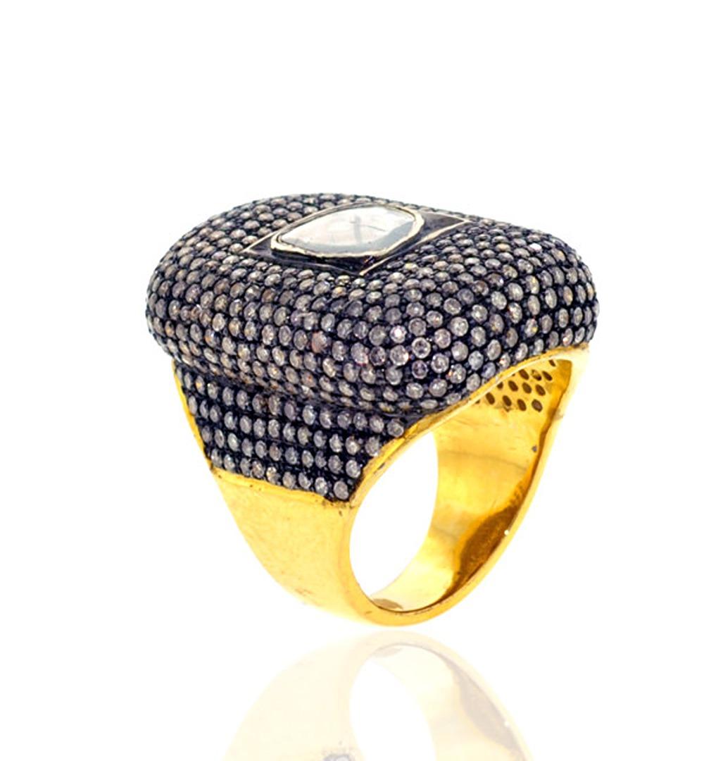 Artisan Center Rose Cut Diamond Ring with Black Pave Diamonds Made in 18k Yellow Gold For Sale