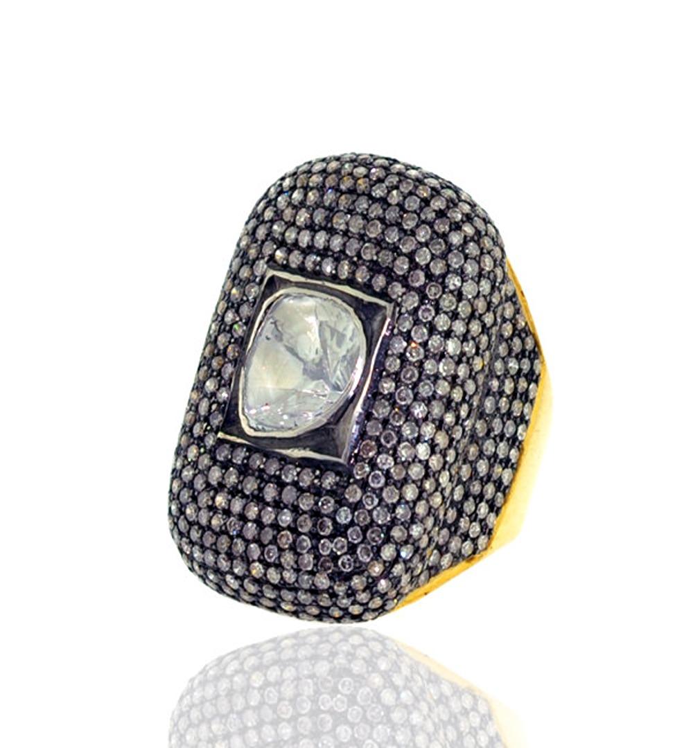 Mixed Cut Center Rose Cut Diamond Ring with Black Pave Diamonds Made in 18k Yellow Gold For Sale