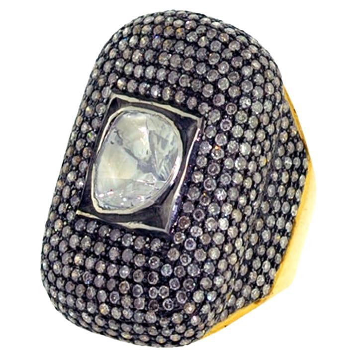 Center Rose Cut Diamond Ring with Black Pave Diamonds Made in 18k Yellow Gold For Sale