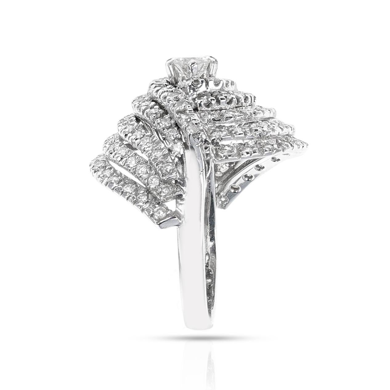 Center Round Diamond with Diamond Layered Cocktail Ring, 18k In Excellent Condition For Sale In New York, NY
