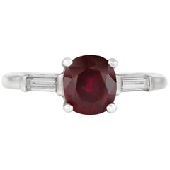 Center Ruby Engagement Ring with Two Baguette on the Side