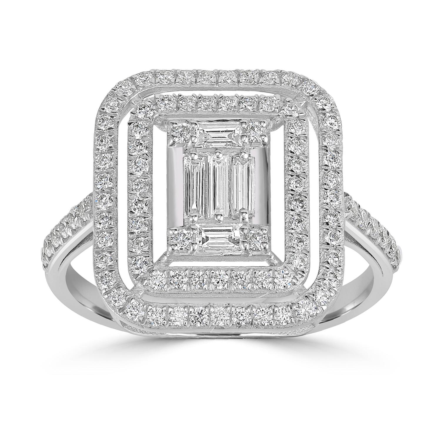 Art Déco Anello solitario con diamante a baguette con pietra centrale e pavé di diamanti in 18 carati in vendita
