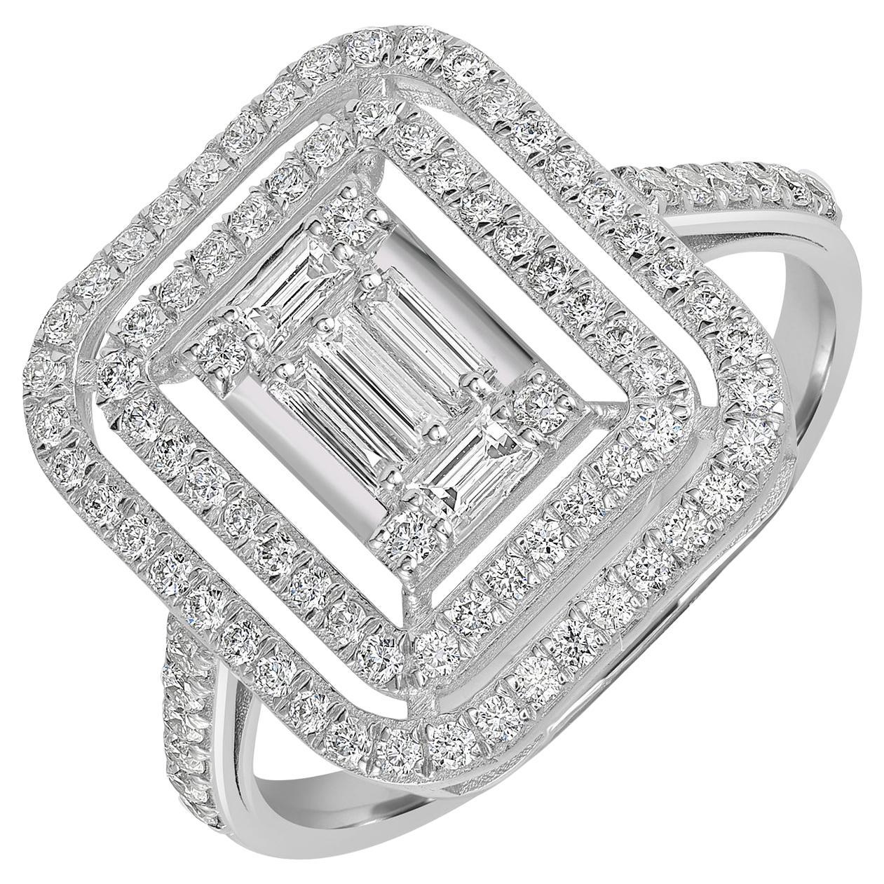 Bague solitaire en diamant baguette avec pierre centrale et pavé de diamants en 18k