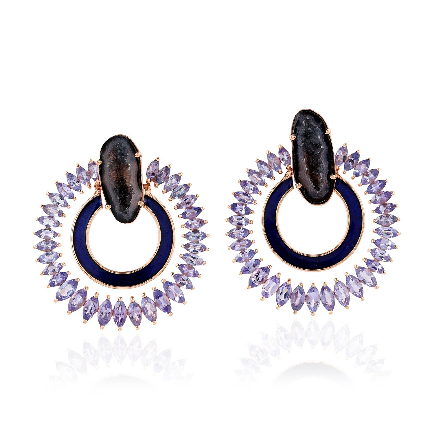 Oval Cut Center Stone Geode Earring with Tanzanite & Enamel Made in 18k Rose Gold For Sale