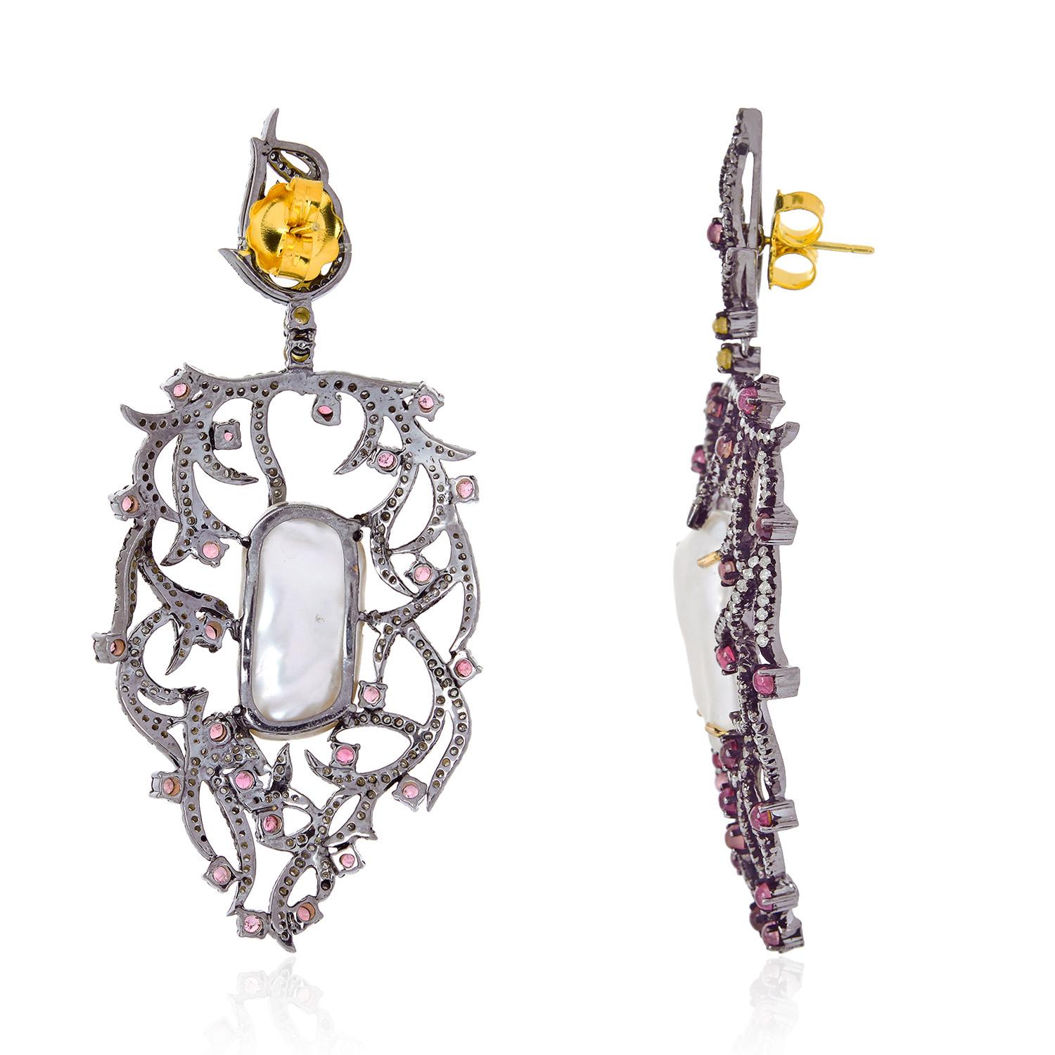 Art Deco Center Stone Pearl Earrings With Pink Tourmaline & Diamonds Made In 18k Gold For Sale