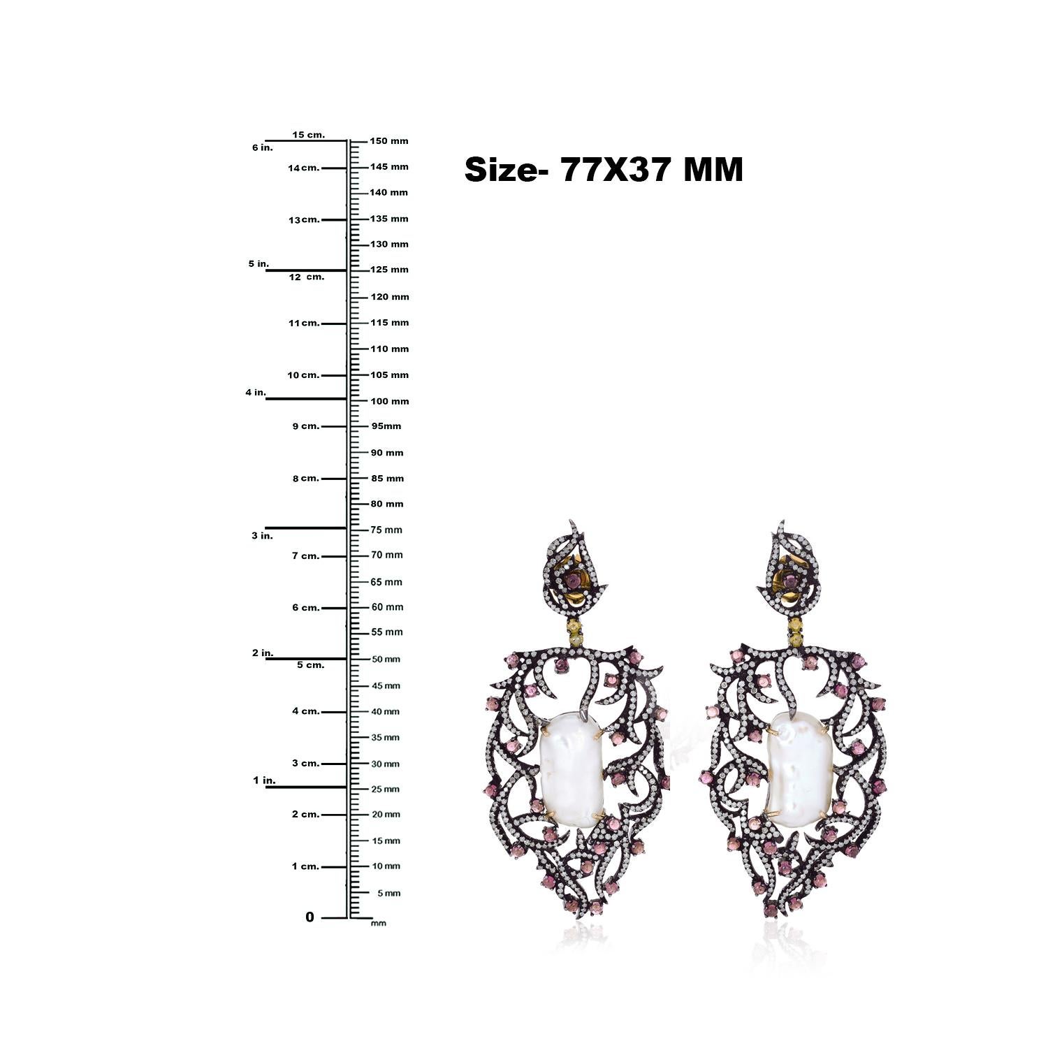 Mixed Cut Center Stone Pearl Earrings With Pink Tourmaline & Diamonds Made In 18k Gold For Sale