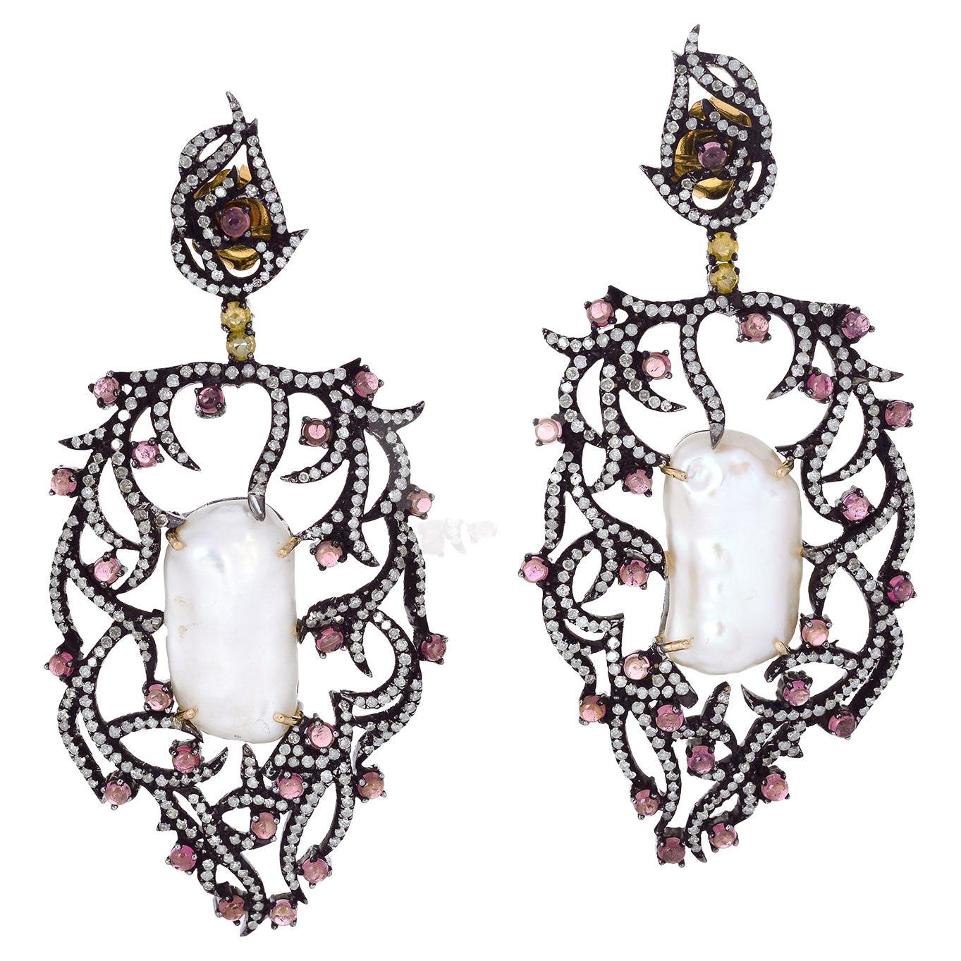 Center Stone Pearl Earrings With Pink Tourmaline & Diamonds Made In 18k Gold For Sale