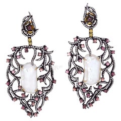 Center Stone Pearl Earrings With Pink Tourmaline & Diamonds Made In 18k Gold