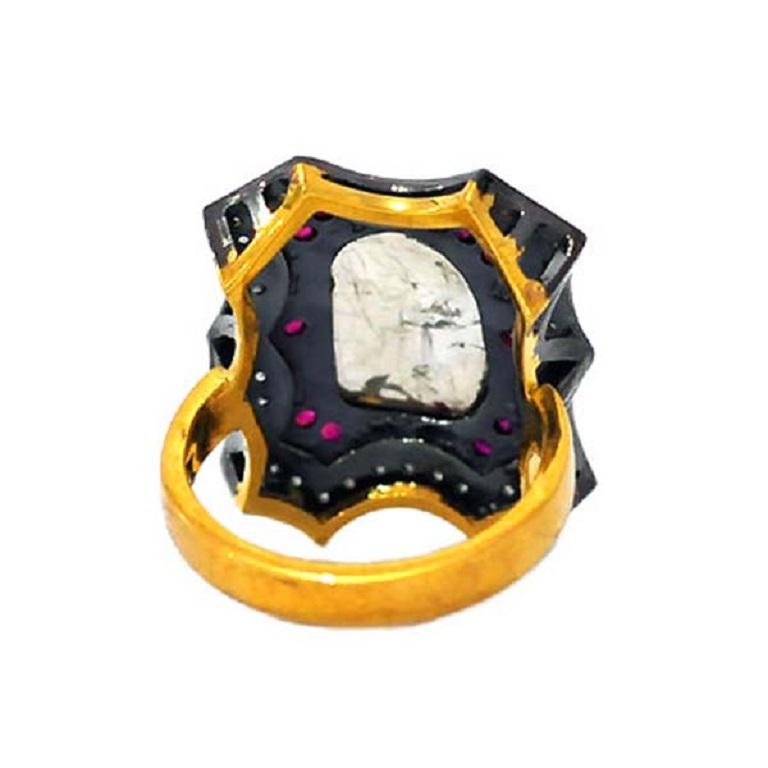 Artisan Center Stone Rose Cut Diamond Cocktail Ring With Ruby Made In 14k Gold & Silver For Sale