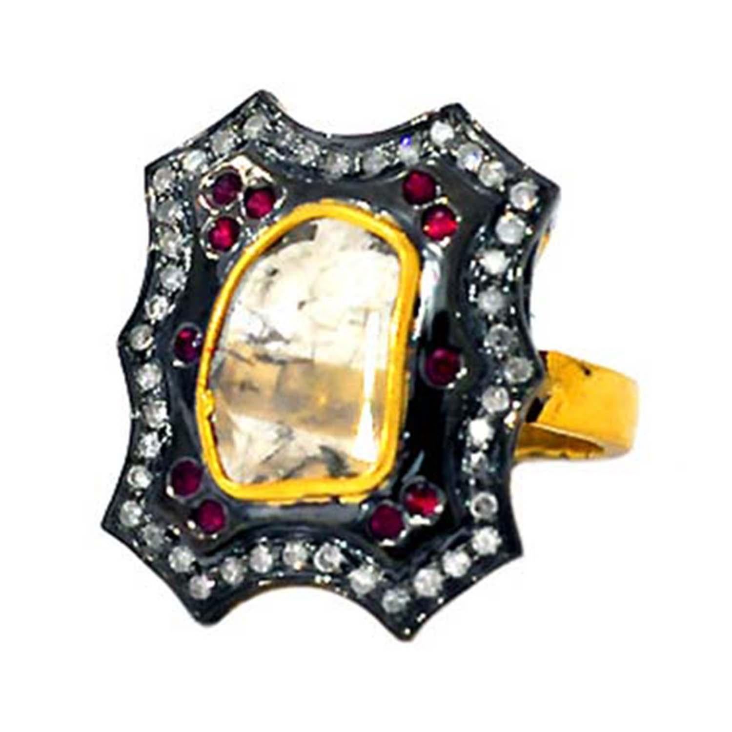 Artisan Center Stone Rose Cut Diamond Cocktail Ring With Ruby Made In 14k Gold & Silver For Sale