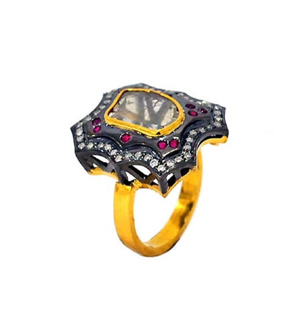 Mixed Cut Center Stone Rose Cut Diamond Cocktail Ring With Ruby Made In 14k Gold & Silver For Sale