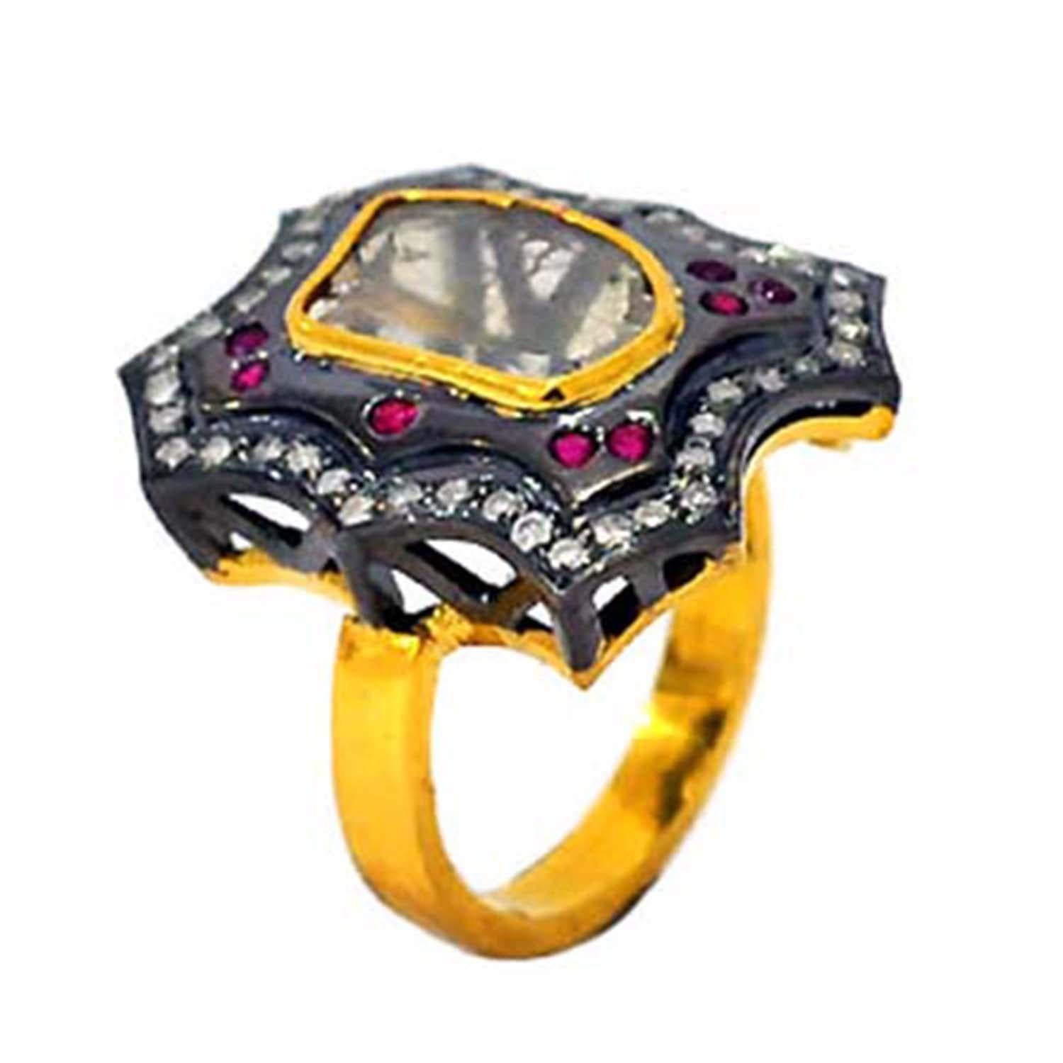 Women's Center Stone Rose Cut Diamond Cocktail Ring With Ruby Made In 14k Gold & Silver For Sale