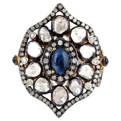 Center Stone Sapphire & Diamonds Cocktail Ring with Golden Grill on the Shank