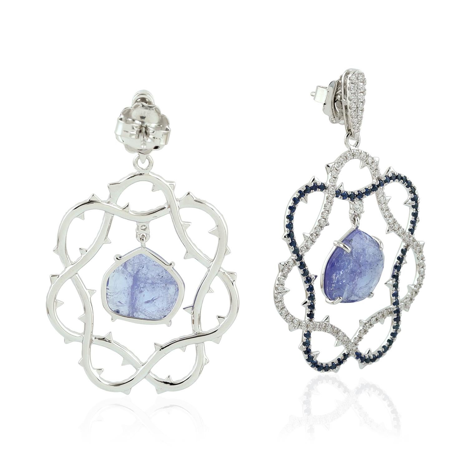 Art Deco Center Stone Tanzanite Dangle Earring with Sapphire & Diamonds in 18k White Gold For Sale