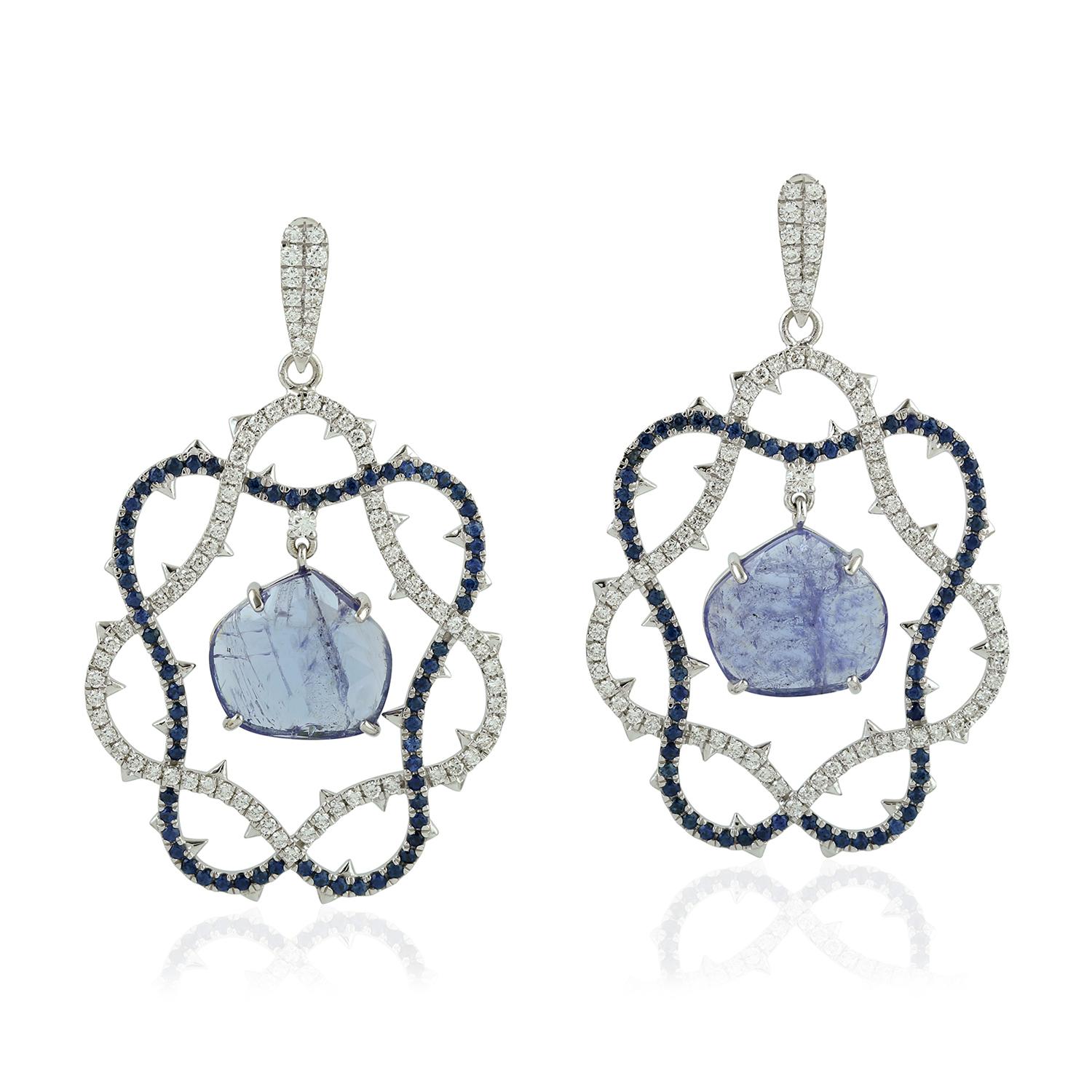 Round Cut Center Stone Tanzanite Dangle Earring with Sapphire & Diamonds in 18k White Gold For Sale