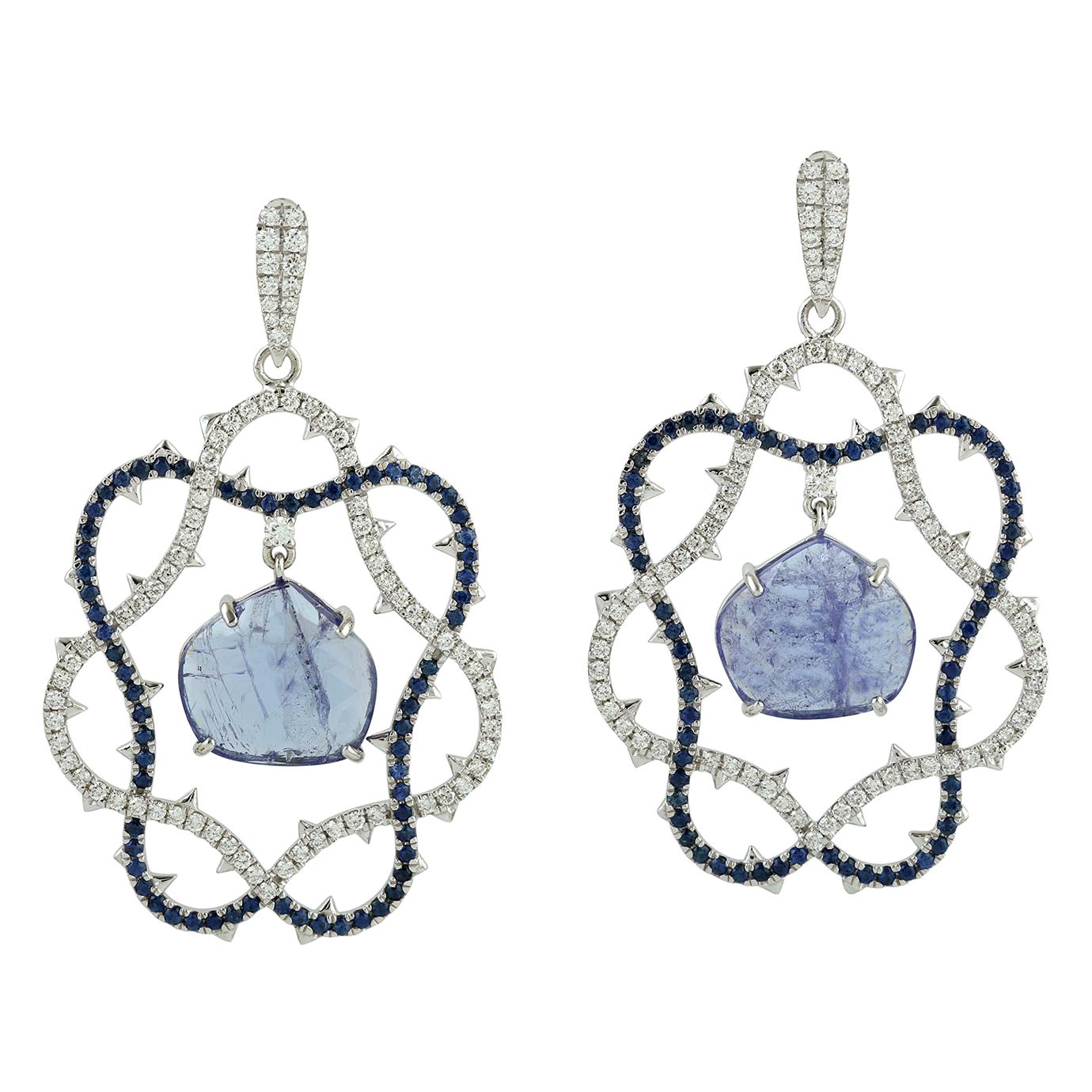 Tansanit-Ohrring mit Mittelstein und Saphir und Diamanten aus 18k Weißgold im Angebot