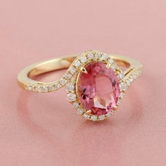 Center Stone Pink Tourmaline Ring with Pave DIamond Made in 18k Gold