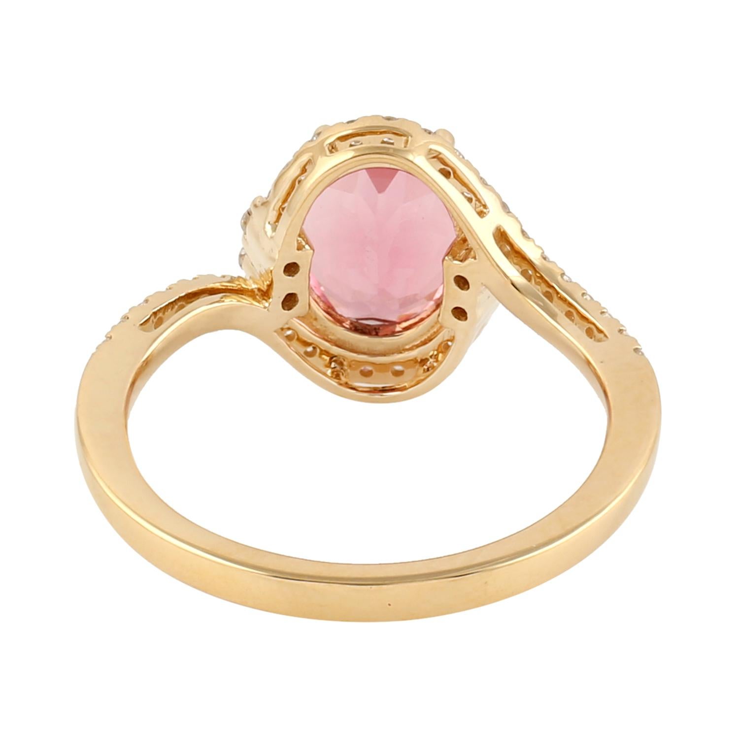 Mixed Cut Center Stone Pink Tourmaline Ring with Pave DIamond Made in 18k Gold For Sale