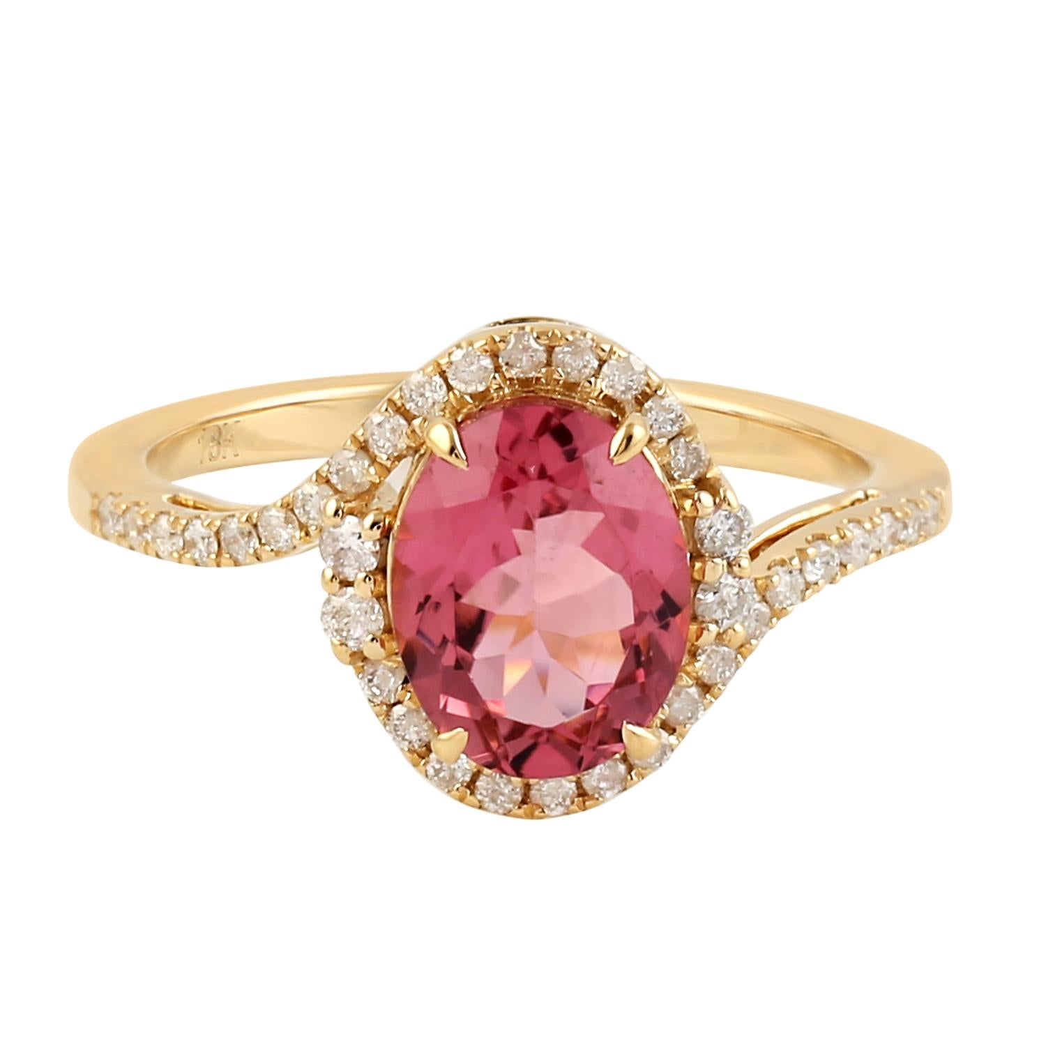 Women's Center Stone Pink Tourmaline Ring with Pave DIamond Made in 18k Gold For Sale