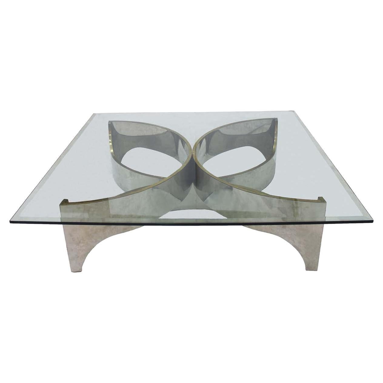 Square Center Table Attributed To Frank Stella, Chrome Metal and Glass Top For Sale