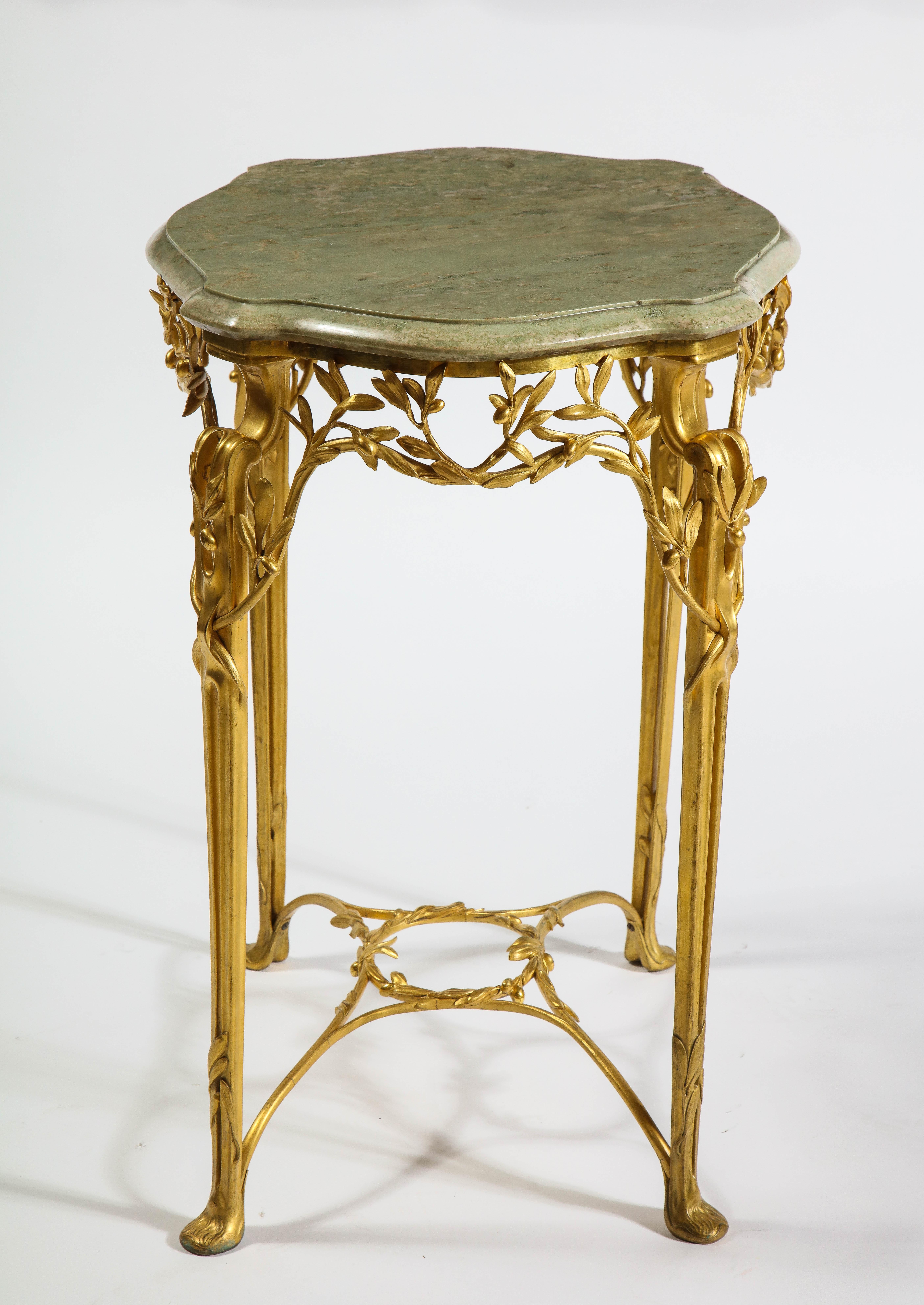 Hand-Carved Center Table by Tiffany and Co., Dore Bronze and Marble Top, Signed, Early 1900s For Sale