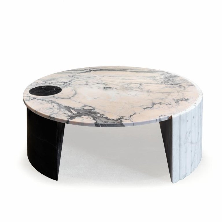 Brutalist Center Table Helene Carved Natural Marble Stone Black, Rose, Off-white For Sale
