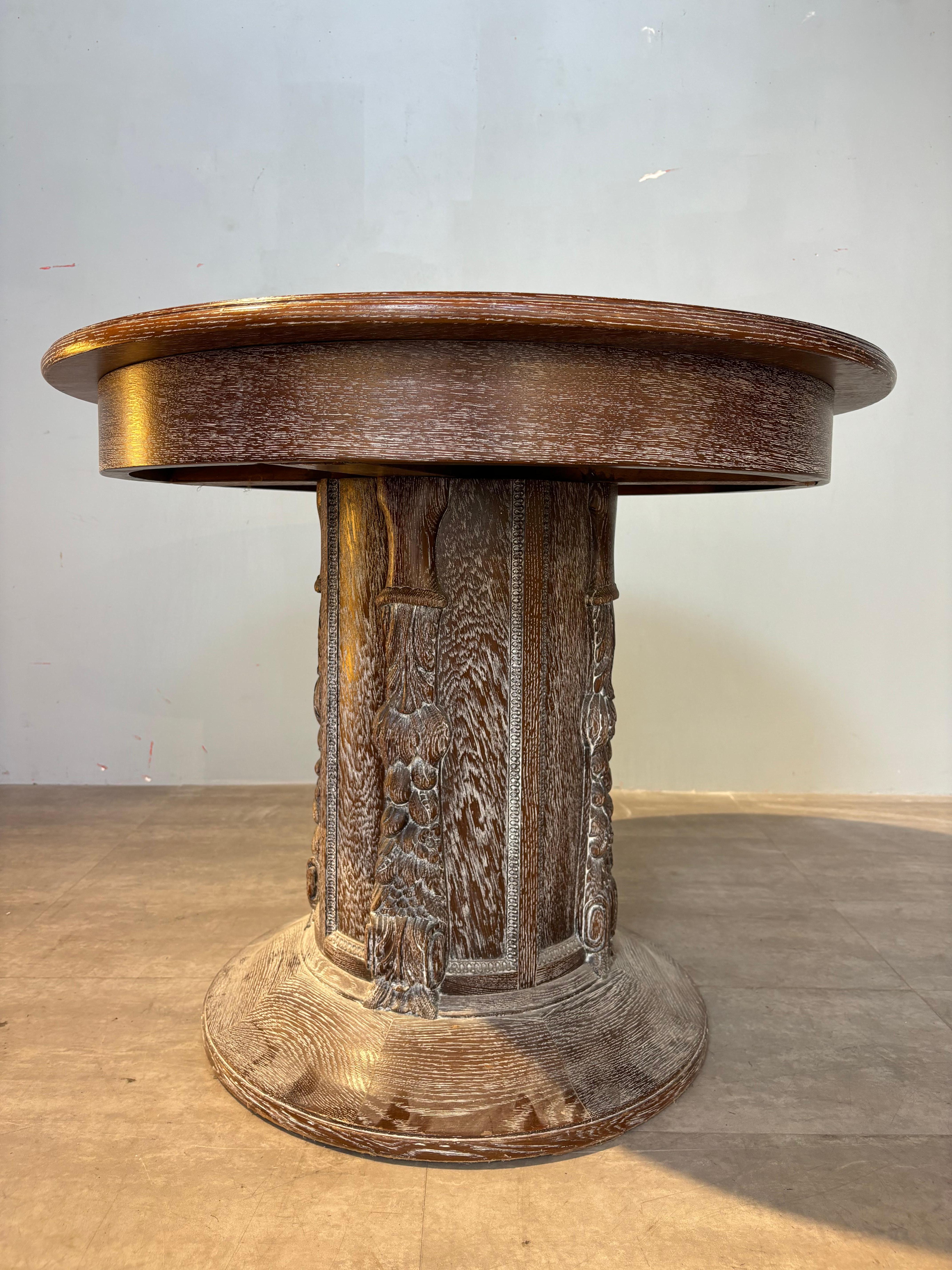 French Center table in limed oak attributed to Jean Charles Moreux For Sale