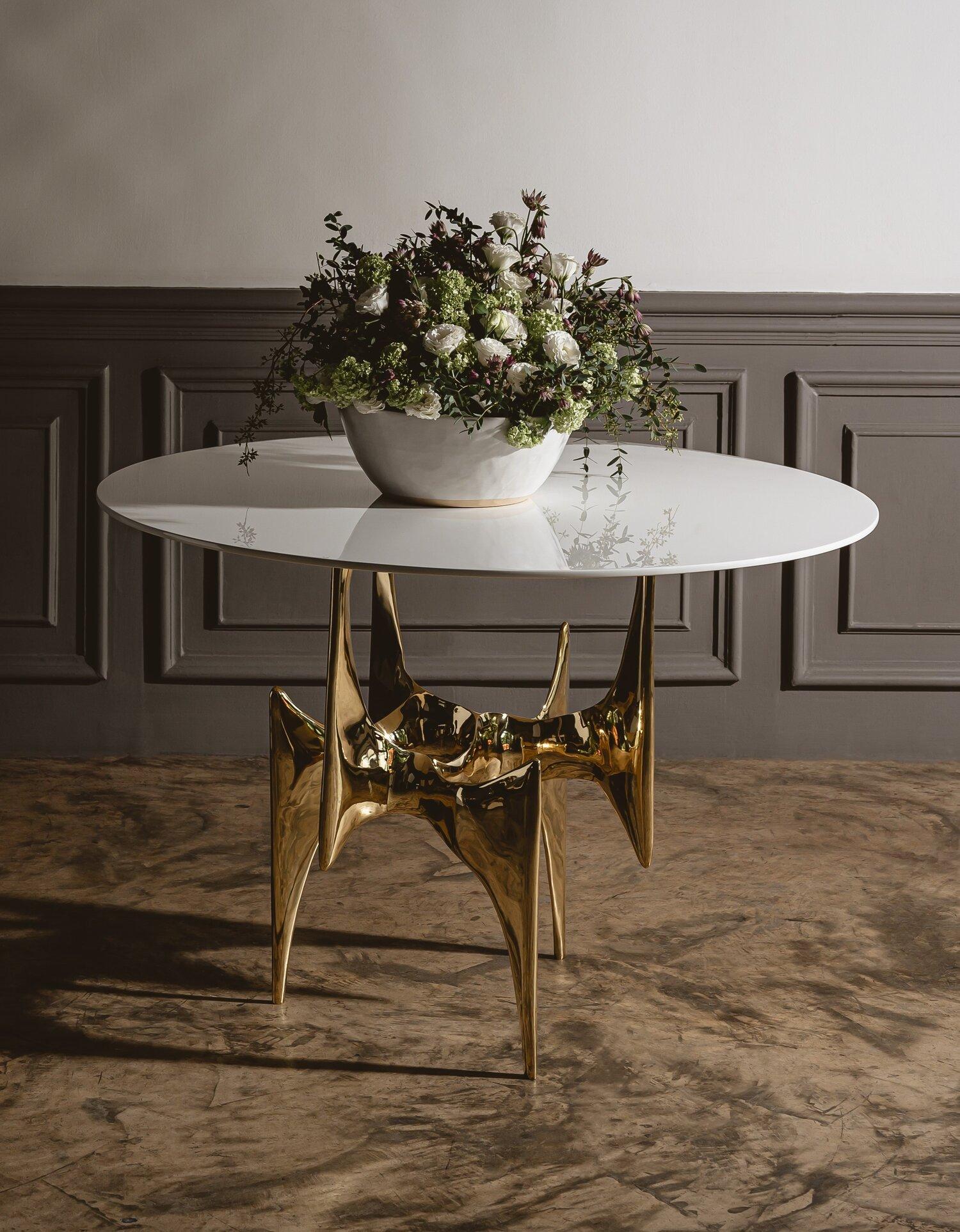 Contemporary Ella Table in Polished Gold Bronze with White Gloss Top by Elan Atelier