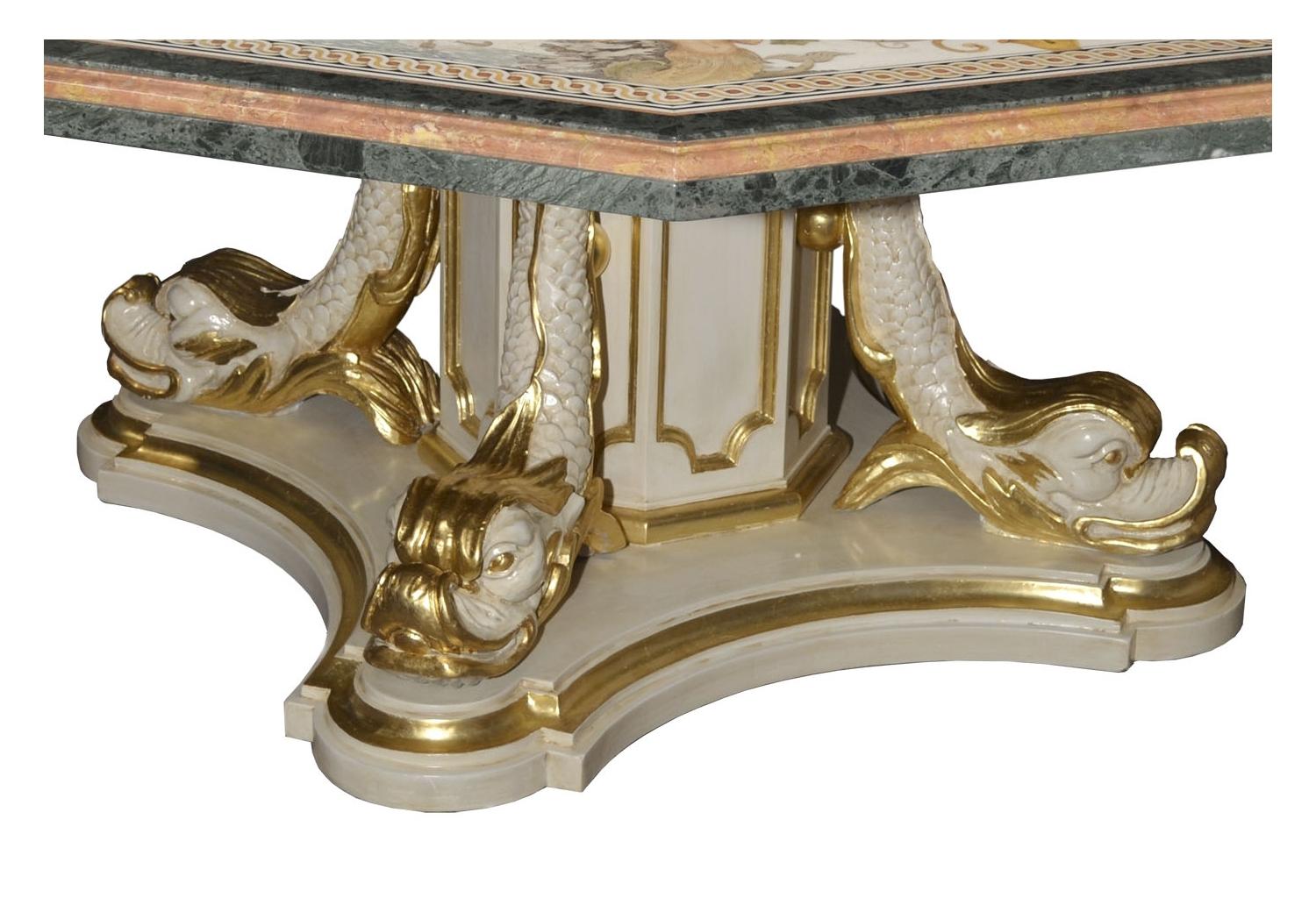 Baroque Big marble table inlaid top carved wood base handmade in Italy by Cupioli  For Sale