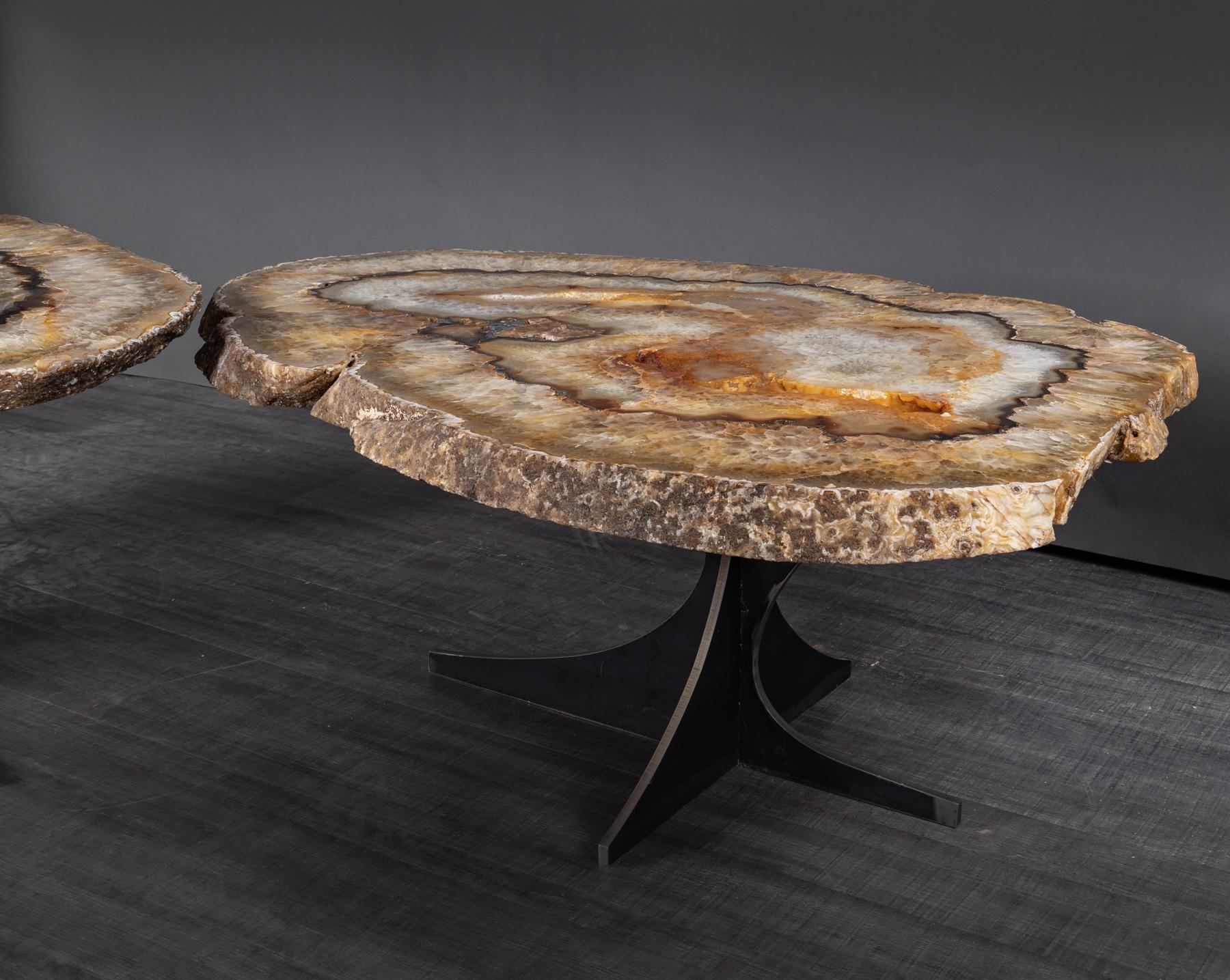 Mexican Center Table or Coffee Table, Pair of Brazilian Agate with Gold Color Metal Base