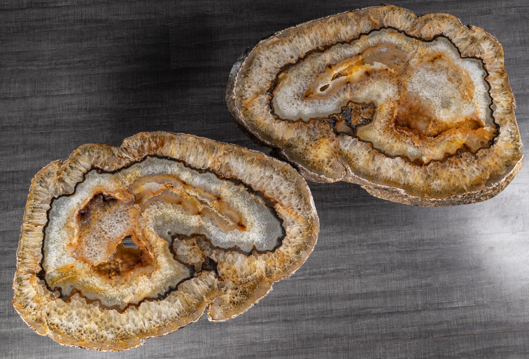 Polished Center Table or Coffee Table, Pair of Brazilian Agate with Gold Color Metal Base