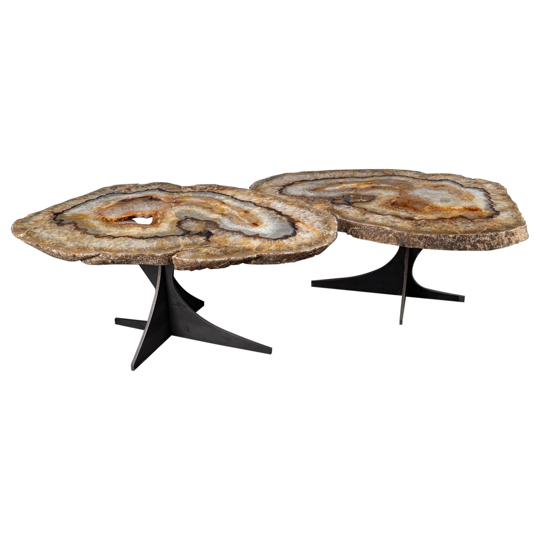 Center Table or Coffee Table, Pair of Brazilian Agate with Gold Color Metal Base