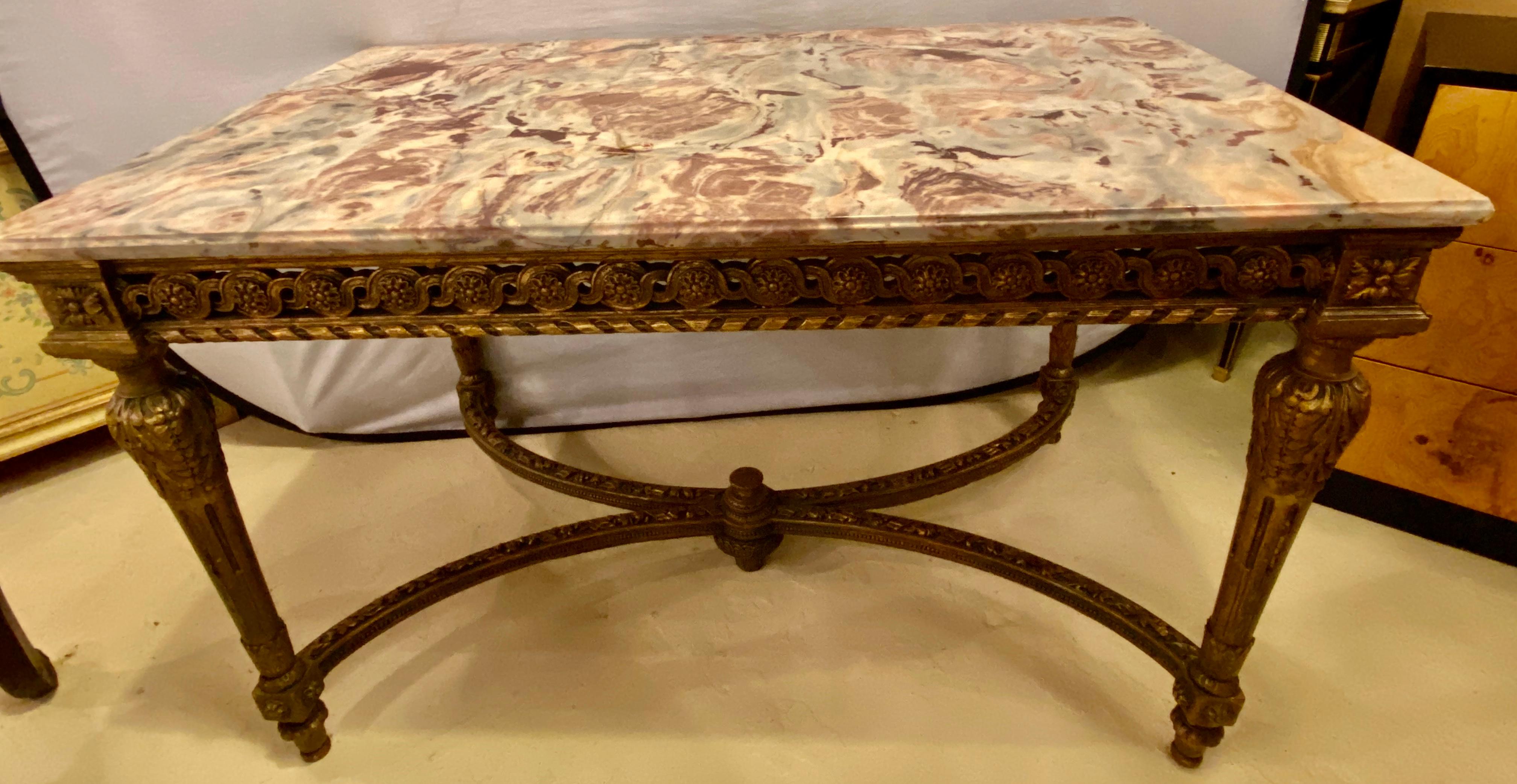 Center Table or Console Louis XVI Jansen Style Stunning Marble Top Gilt Base For Sale 9