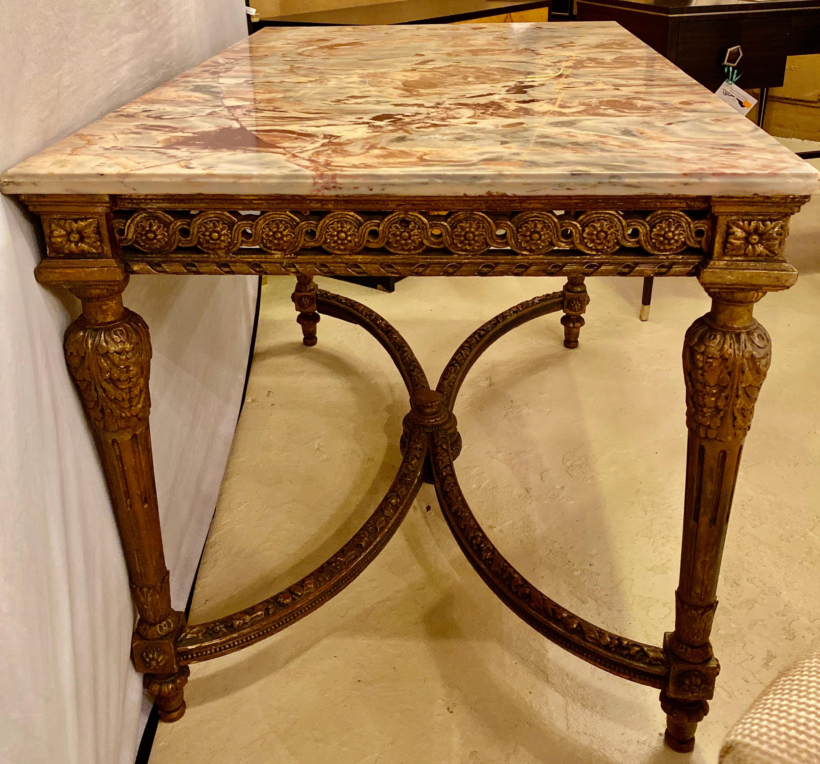 Center Table or Console Louis XVI Jansen Style Stunning Marble Top Gilt Base For Sale 14