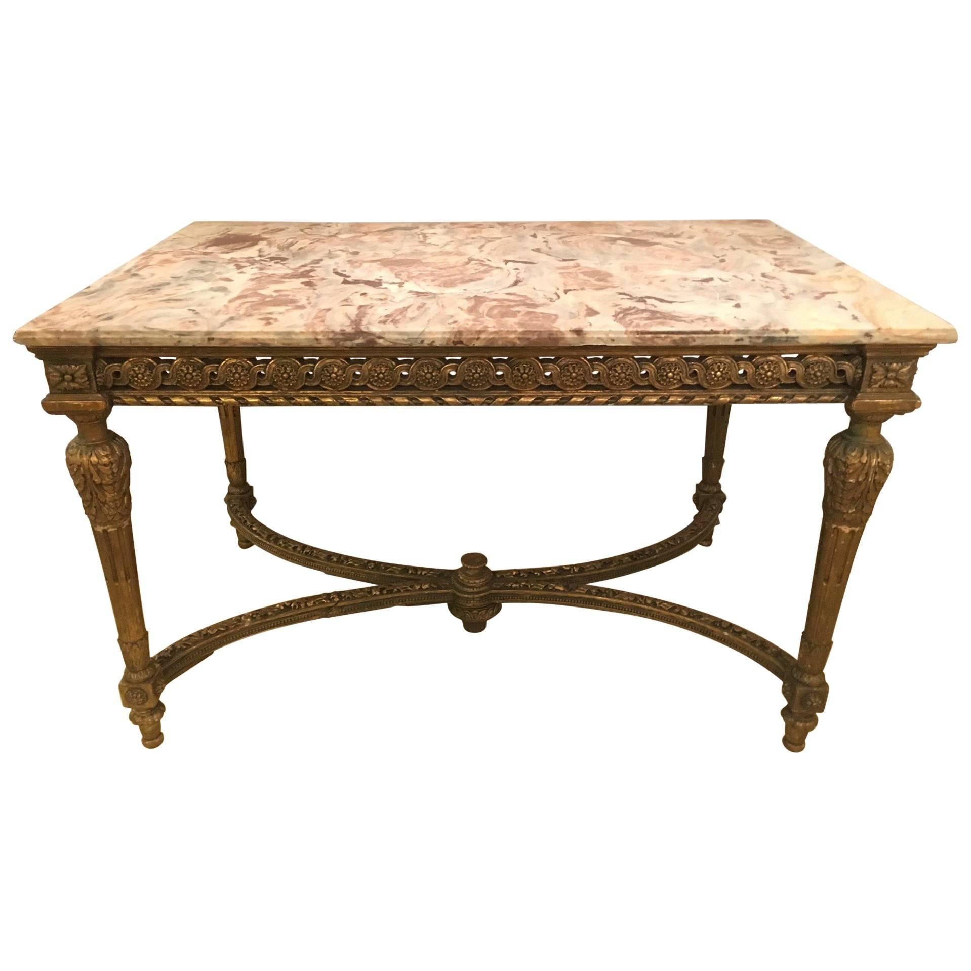 French Center Table or Console Louis XVI Jansen Style Stunning Marble Top Gilt Base For Sale