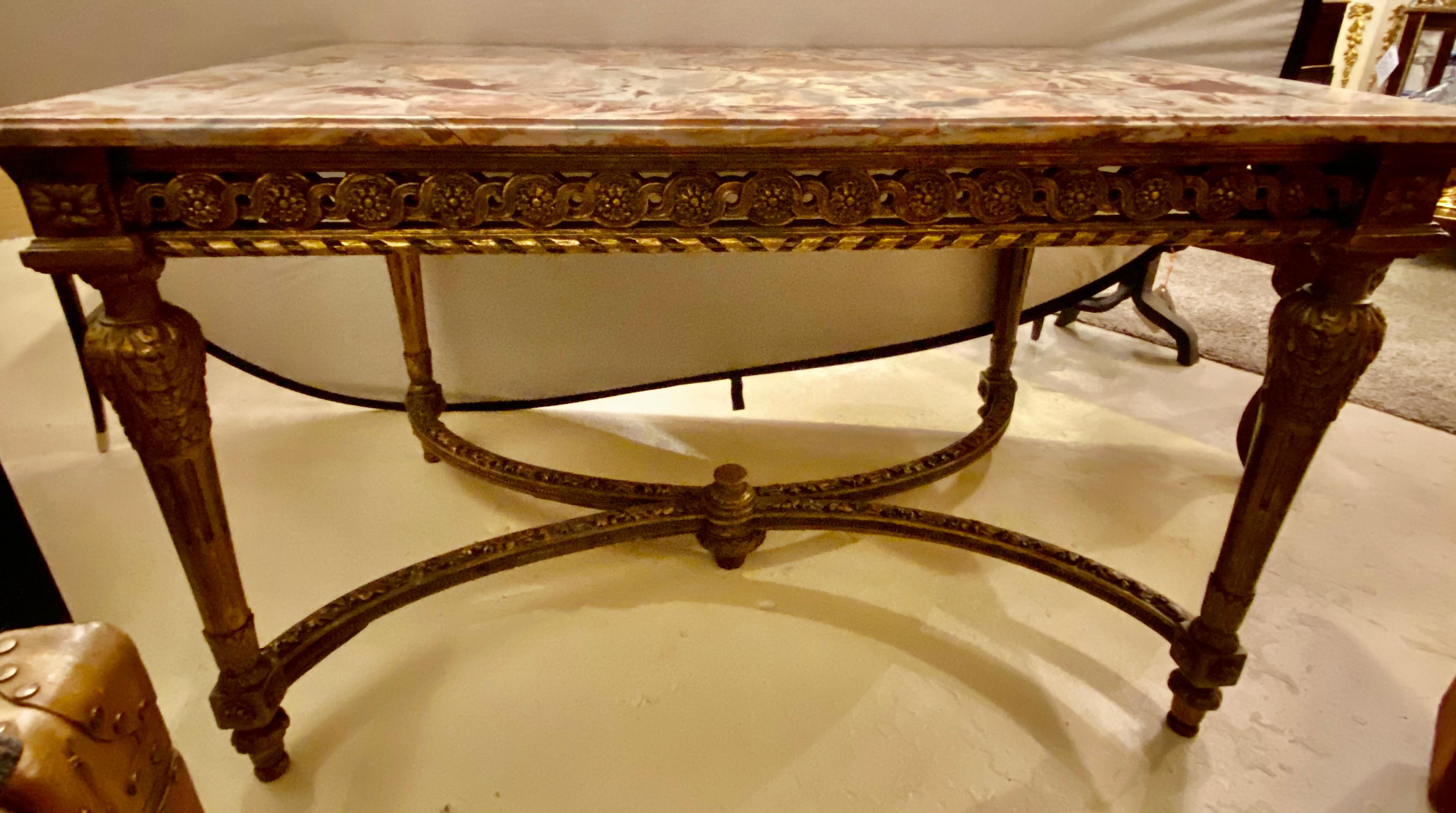 Center Table or Console Louis XVI Jansen Style Stunning Marble Top Gilt Base For Sale 2