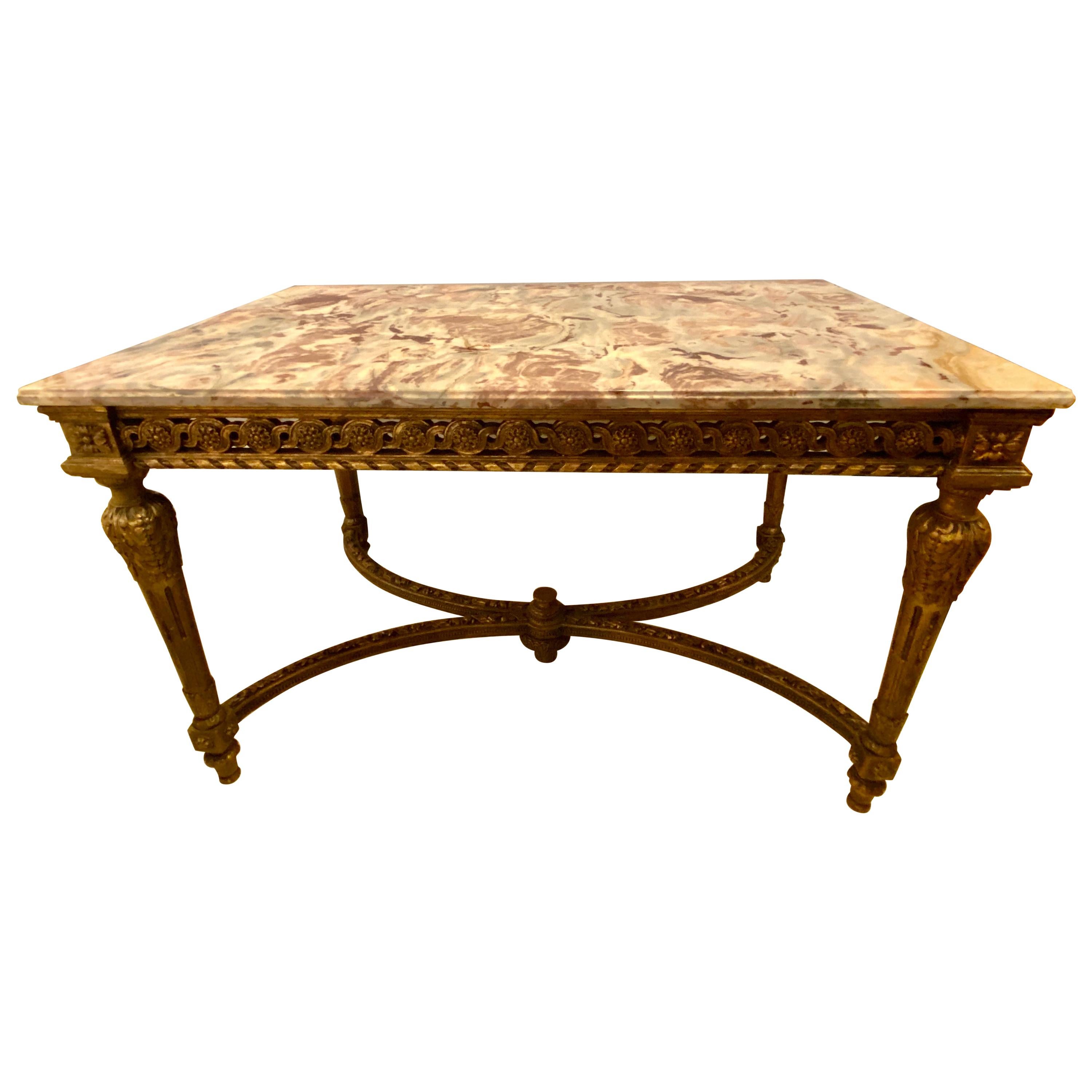 Center Table or Console Louis XVI Jansen Style Stunning Marble Top Gilt Base For Sale