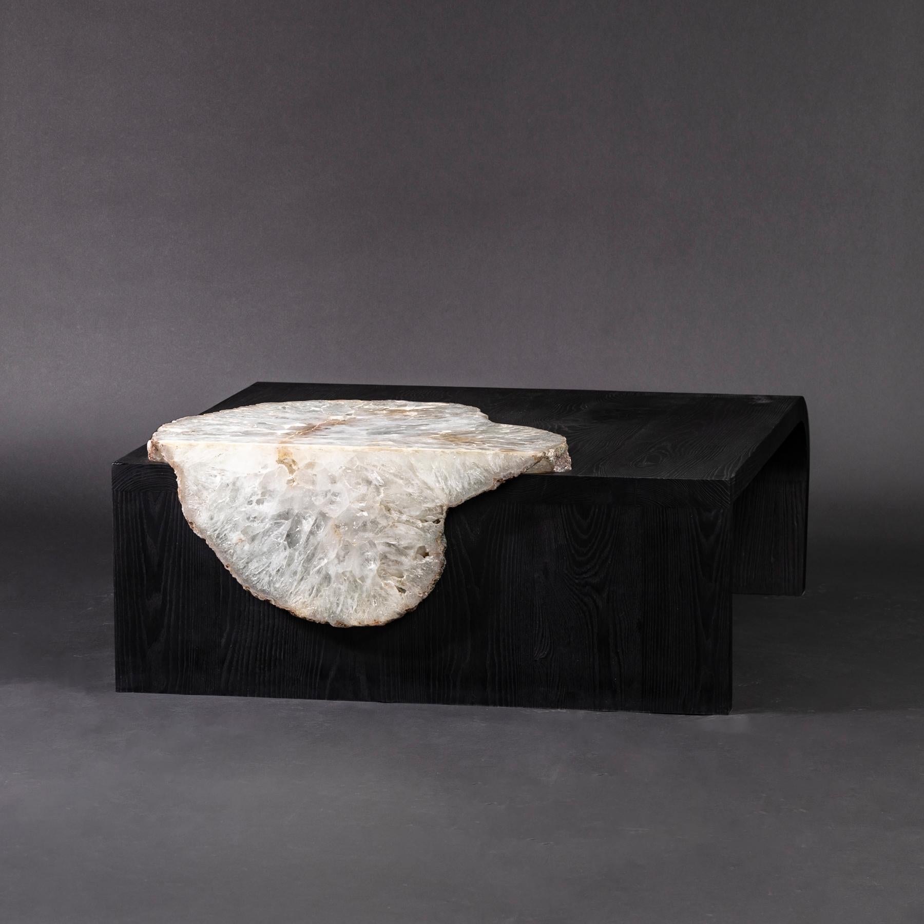 Organic Modern Center Table Shou Sugi Ban 'Burned' American Solid Ashwood with Agate Slab For Sale