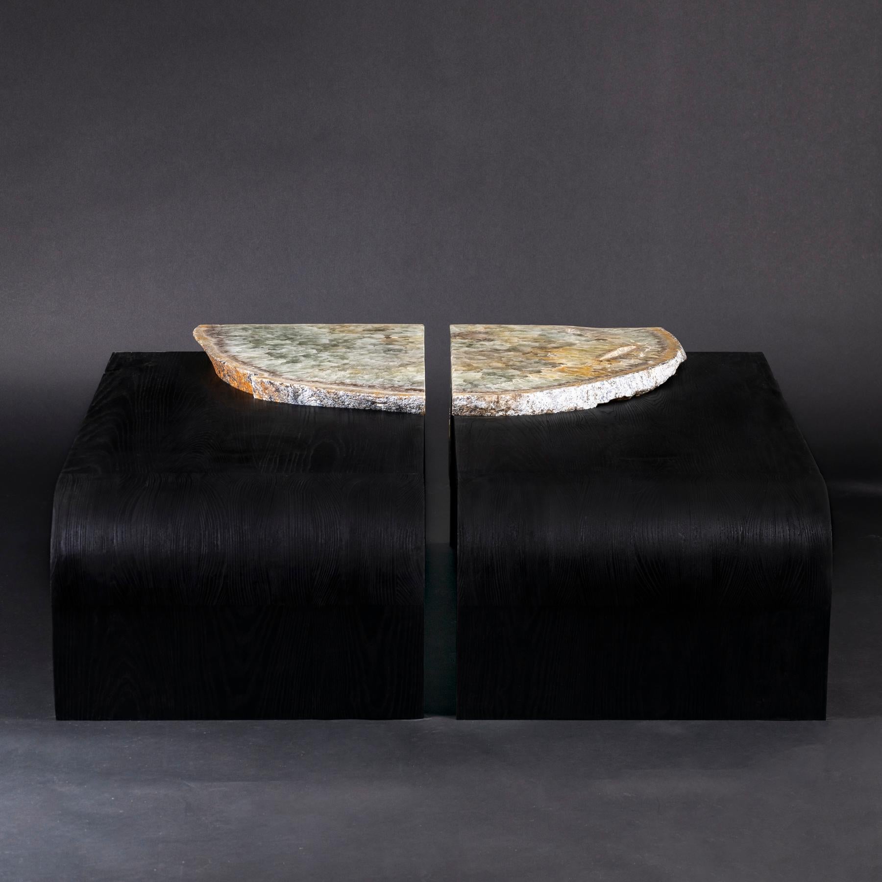 Organic Modern Center Table Shou Sugi Ban 'Burned' American Solid Ashwood with Agate Slab For Sale