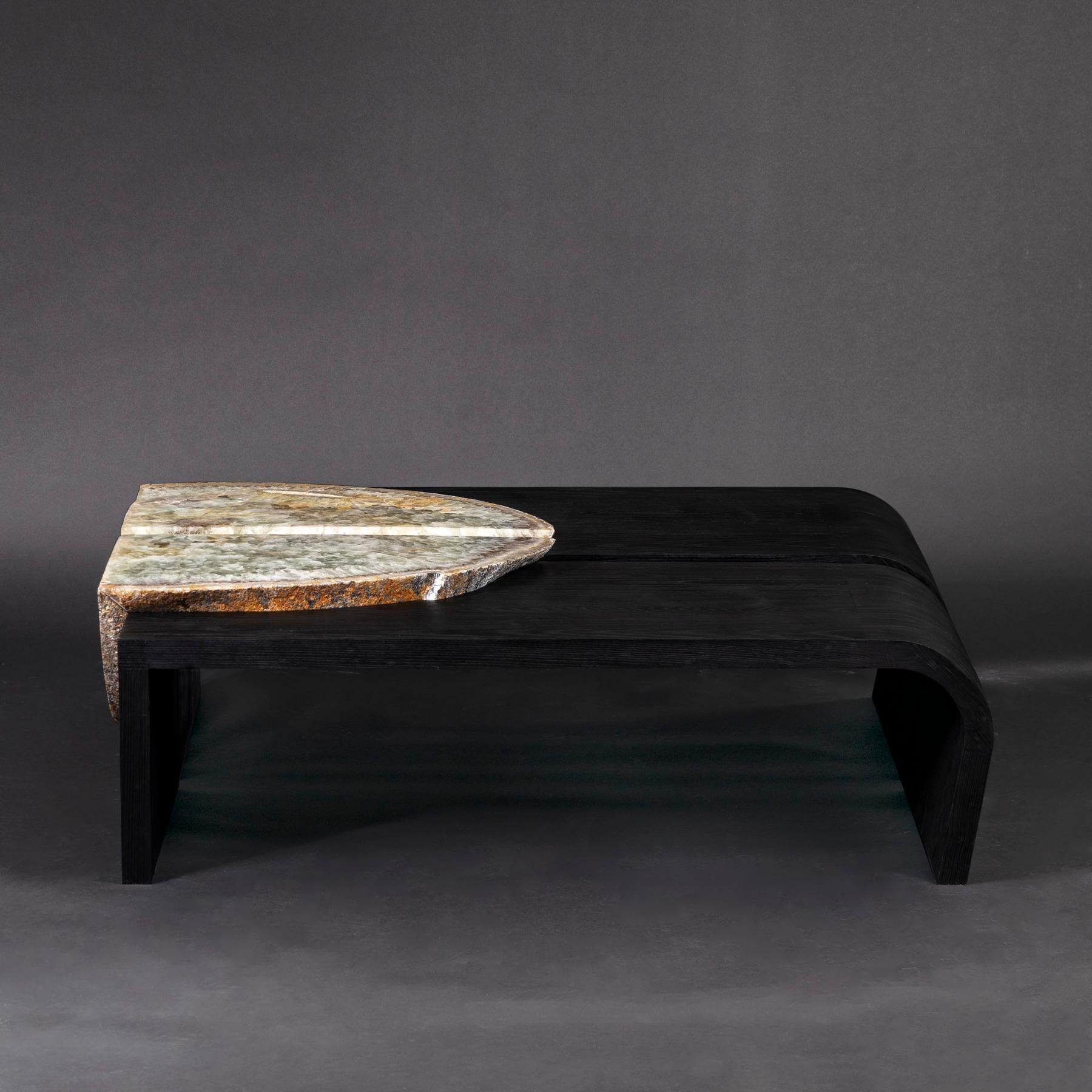 Mexican Center Table Shou Sugi Ban 'Burned' American Solid Ashwood with Agate Slab For Sale