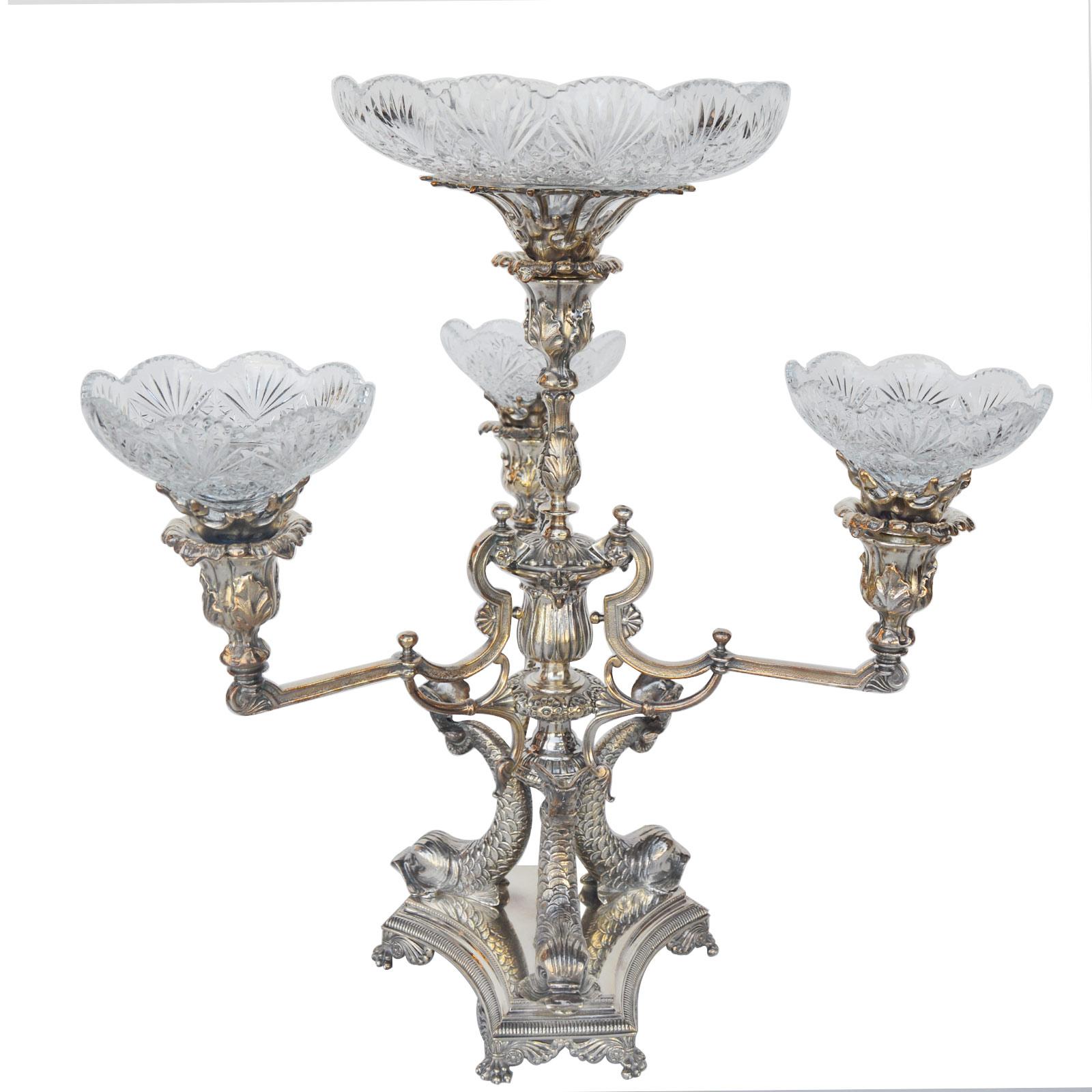 Italian Center Table Silver & Cut Crystal Set, Late 19th Century For Sale