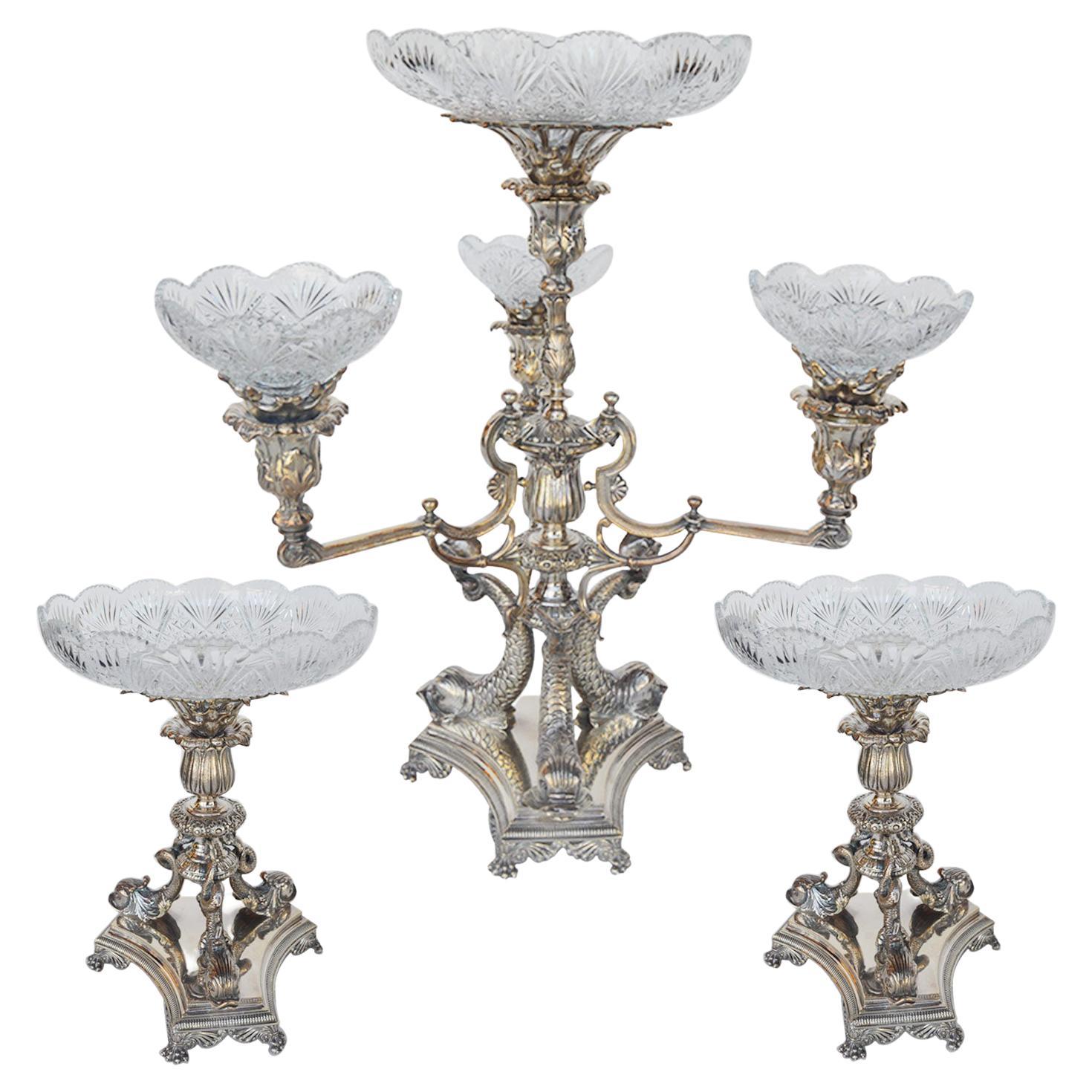 Center Table Silver & Cut Crystal Set, Late 19th Century For Sale
