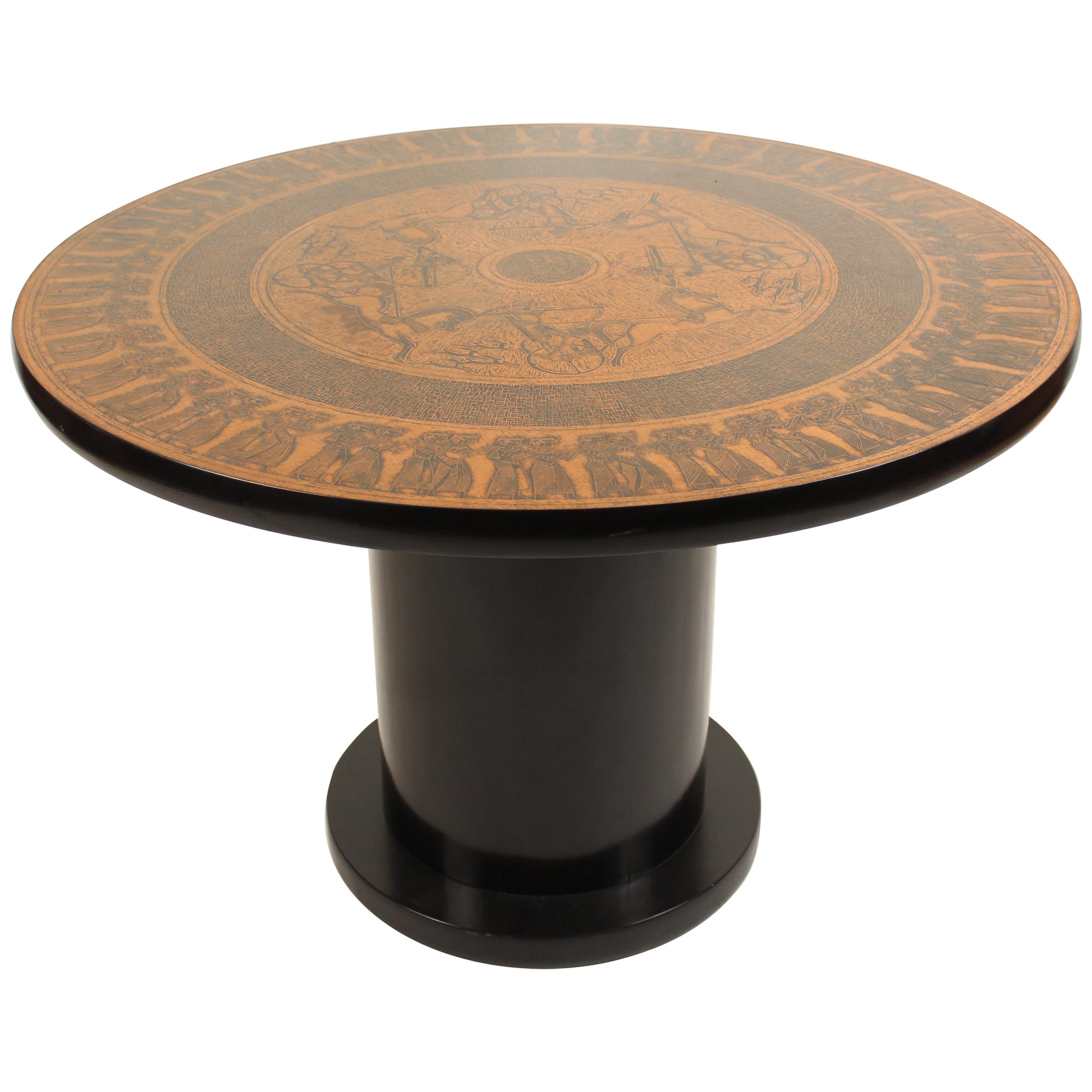 Center Table with Egyptian Design Engraved  faux Copper Top