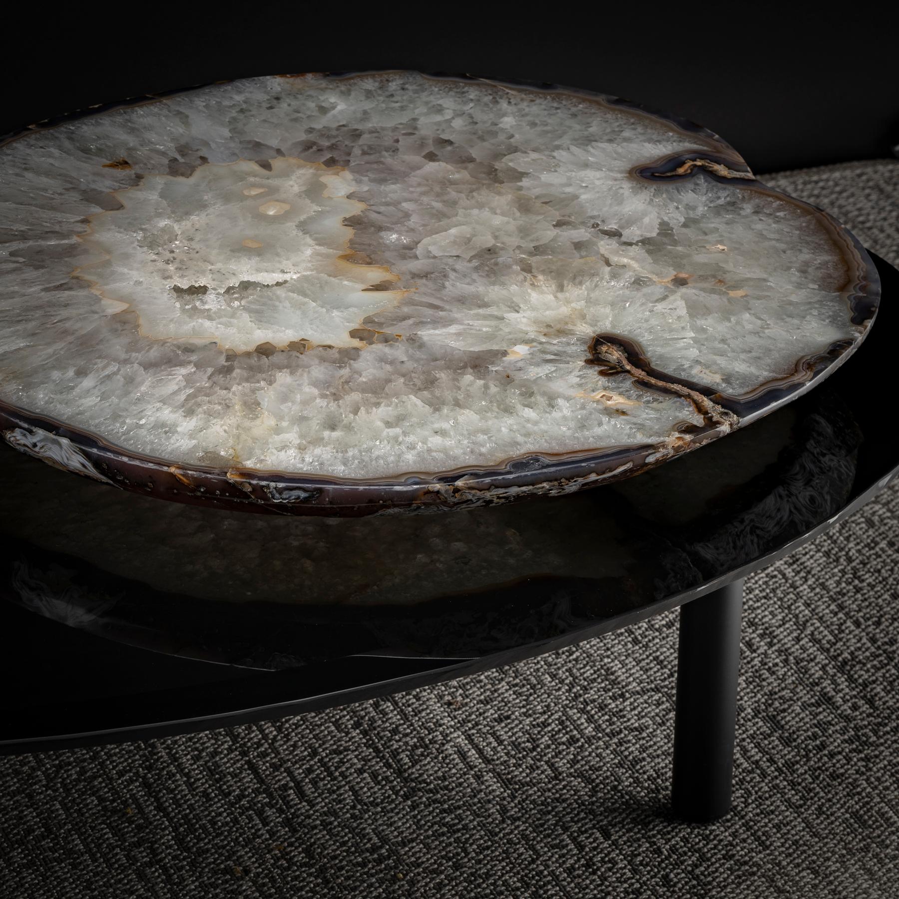 Contemporary Center Table, with Lazy Susan Rotating Brazilian Agate on Black Tempered Glass For Sale