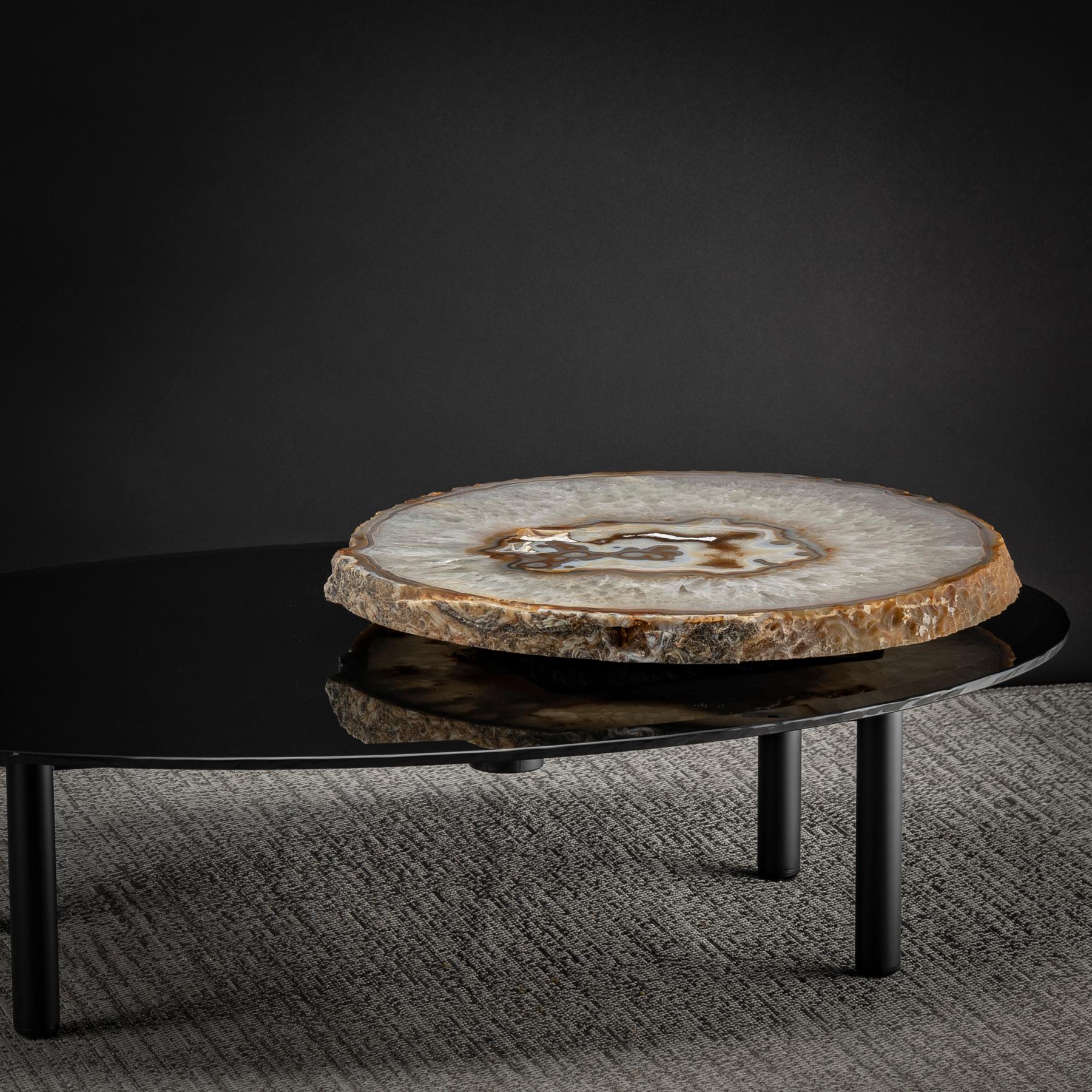 Contemporary Center Table, with Lazy Susan Rotating Brazilian Agate on Black Tempered Glass For Sale