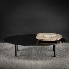 Table centrale rotative en agate brésilienne sur verre trempé noir, avec Lazy Susan