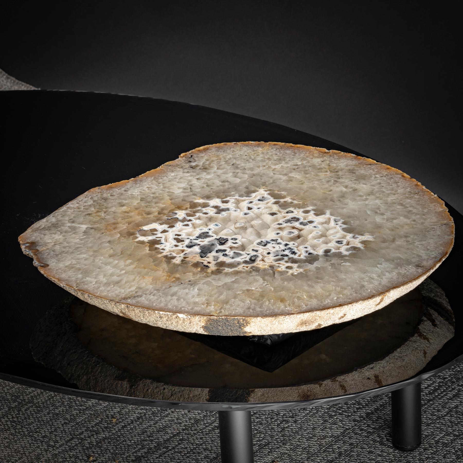 Organic Modern Center Table, with Lazy Susan Rotating Brazilian Agate on Black Tempered Glass For Sale